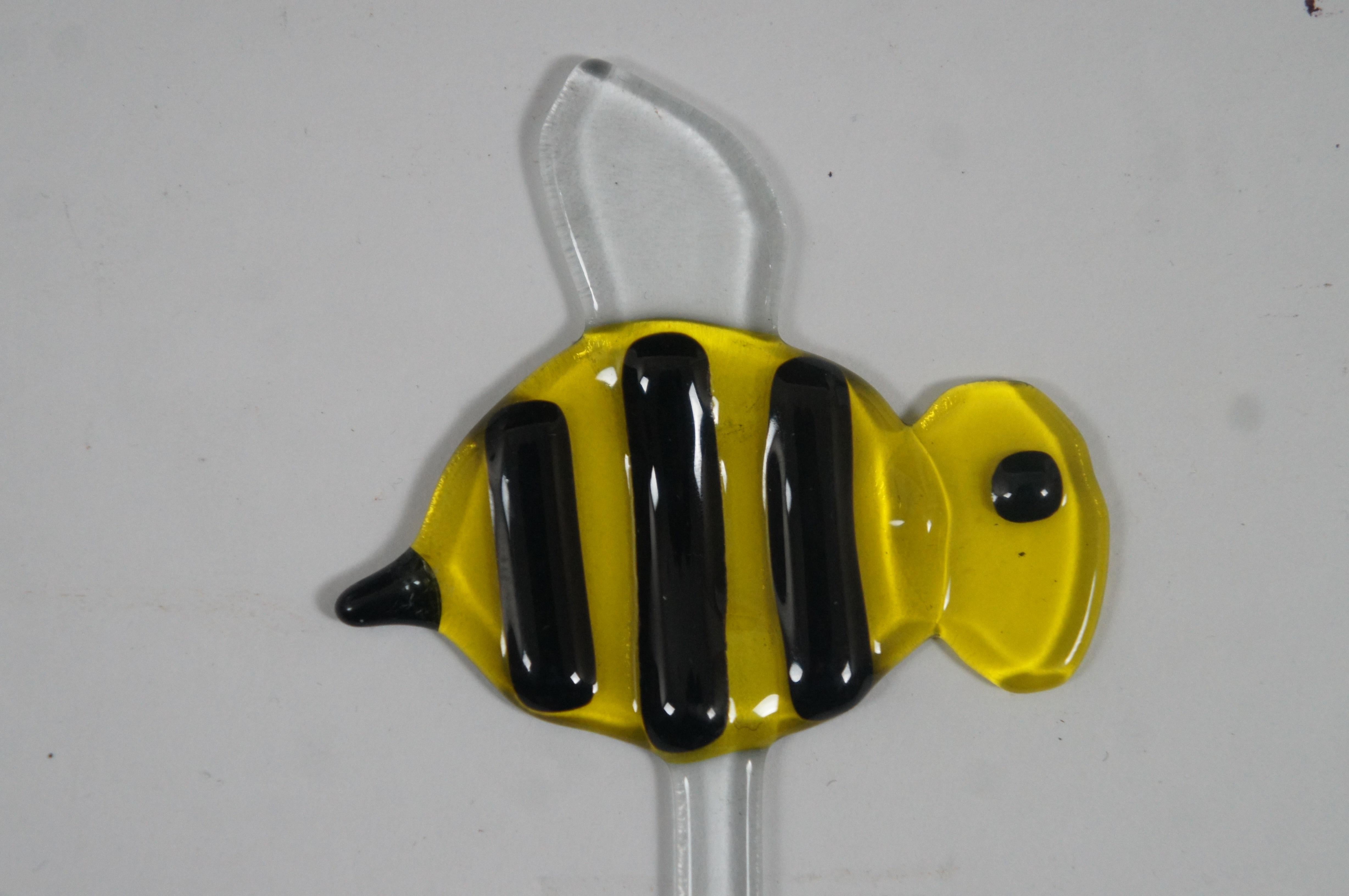 Art Glass 6 Fused Glass Plant Stakes Cocktail Stir Sticks Yellow Birds & Bumble Bees 14