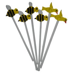 6 Fused Glass Plant Stakes Cocktail Stir Sticks Yellow Birds & Bumble Bees 14"