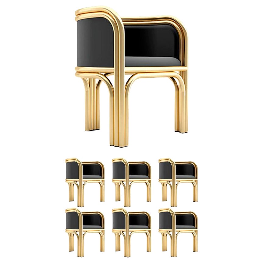6 Gatsby Chairs - Modern Handcrafted Art Deco Chairs in Brass and Black Velvet For Sale