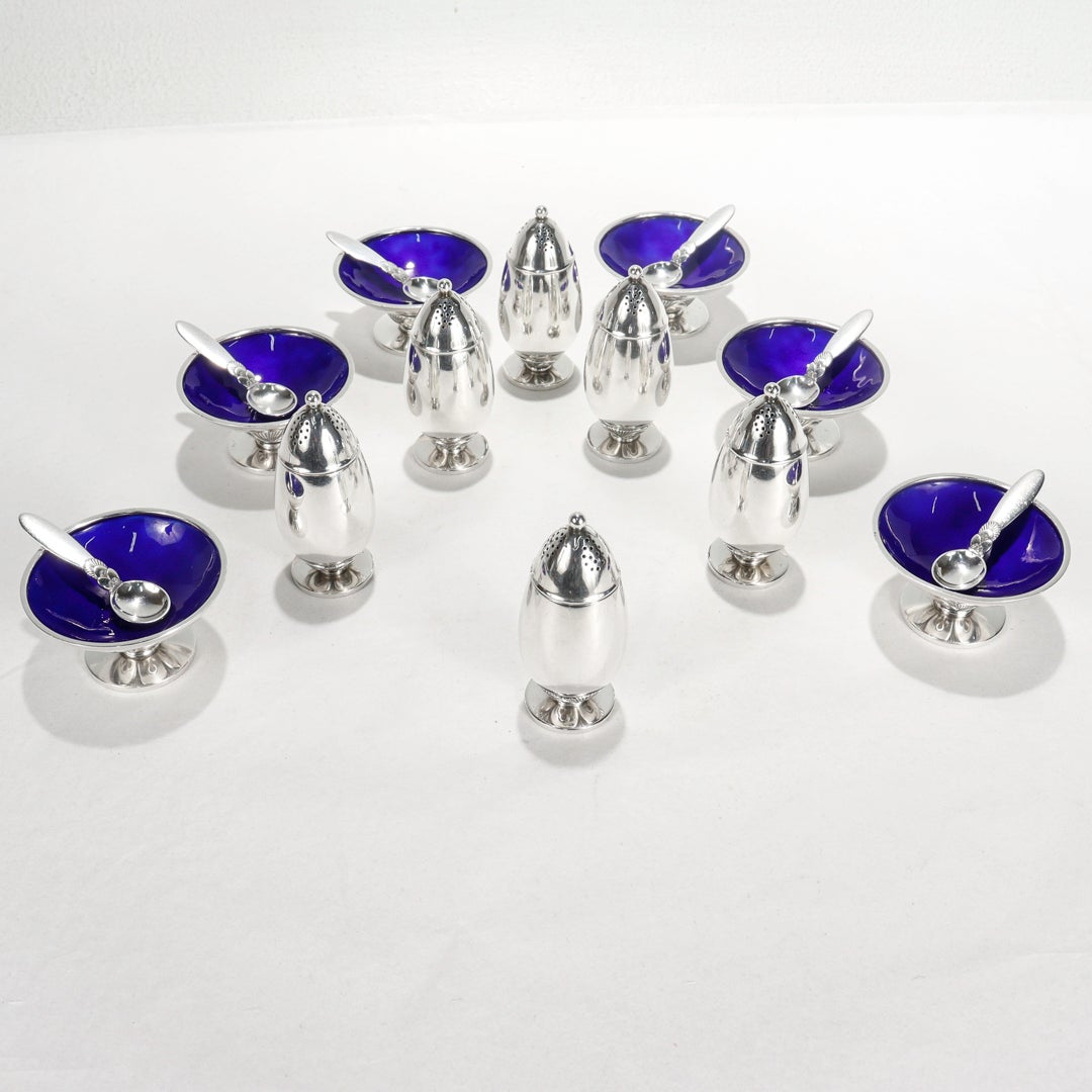 6 Georg Jensen Cactus Sterling Silver & Enamel Salt Cellar & Pepper Sets No 629a In Good Condition For Sale In Philadelphia, PA