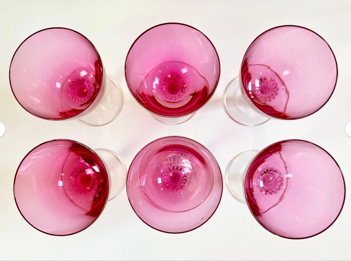 6 George Borgfeldt „Lisa Cranberry“ Optic Goblets & Twist Stiel, 1970er Jahre USA (Handgefertigt) im Angebot