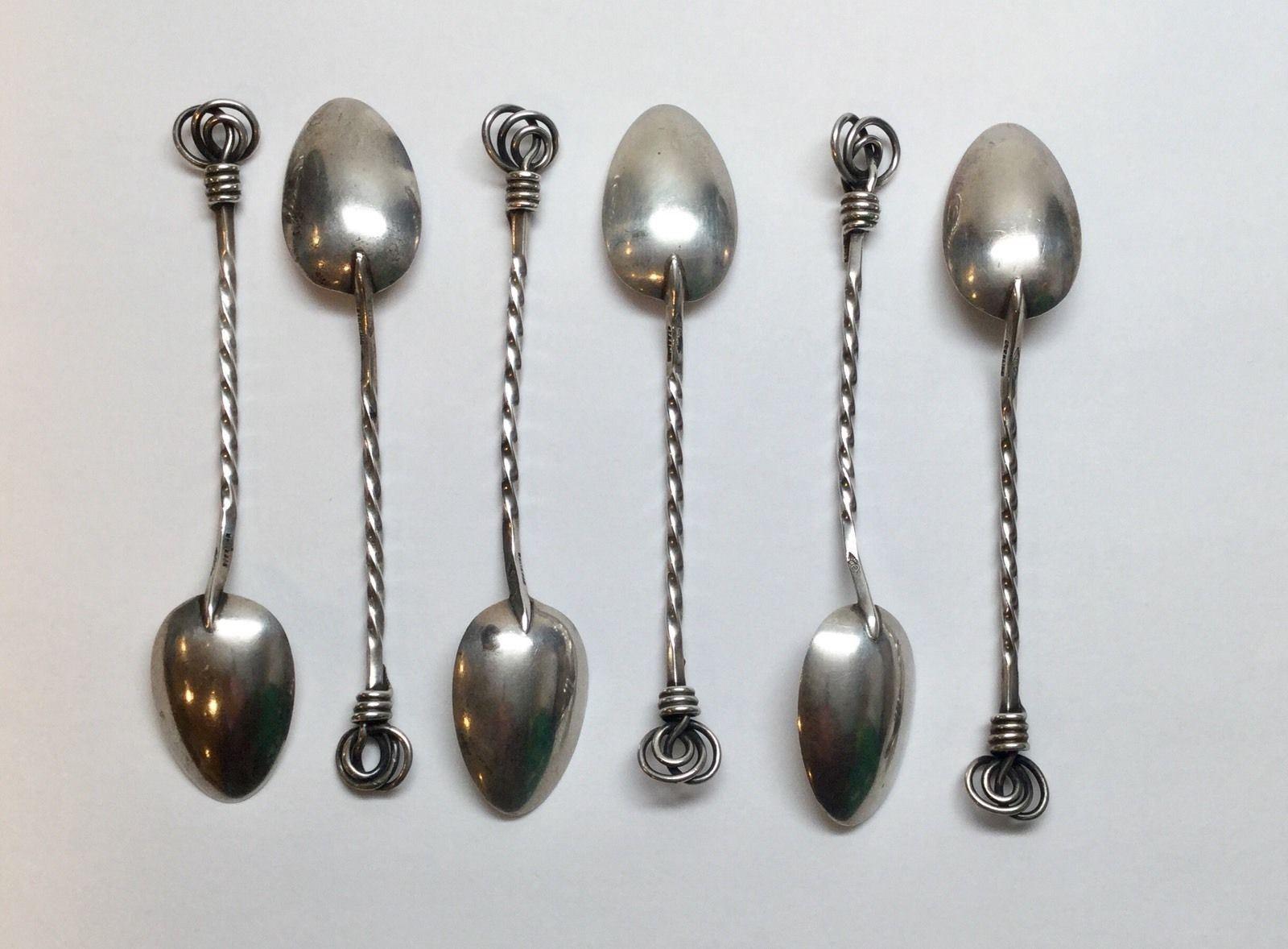 6 antique George W. Shiebler sterling silver twisted coil handle demitasse spoons, circa 1880 NYC. Marked: S in winged circle, Sterling. Measures: 4 1/2