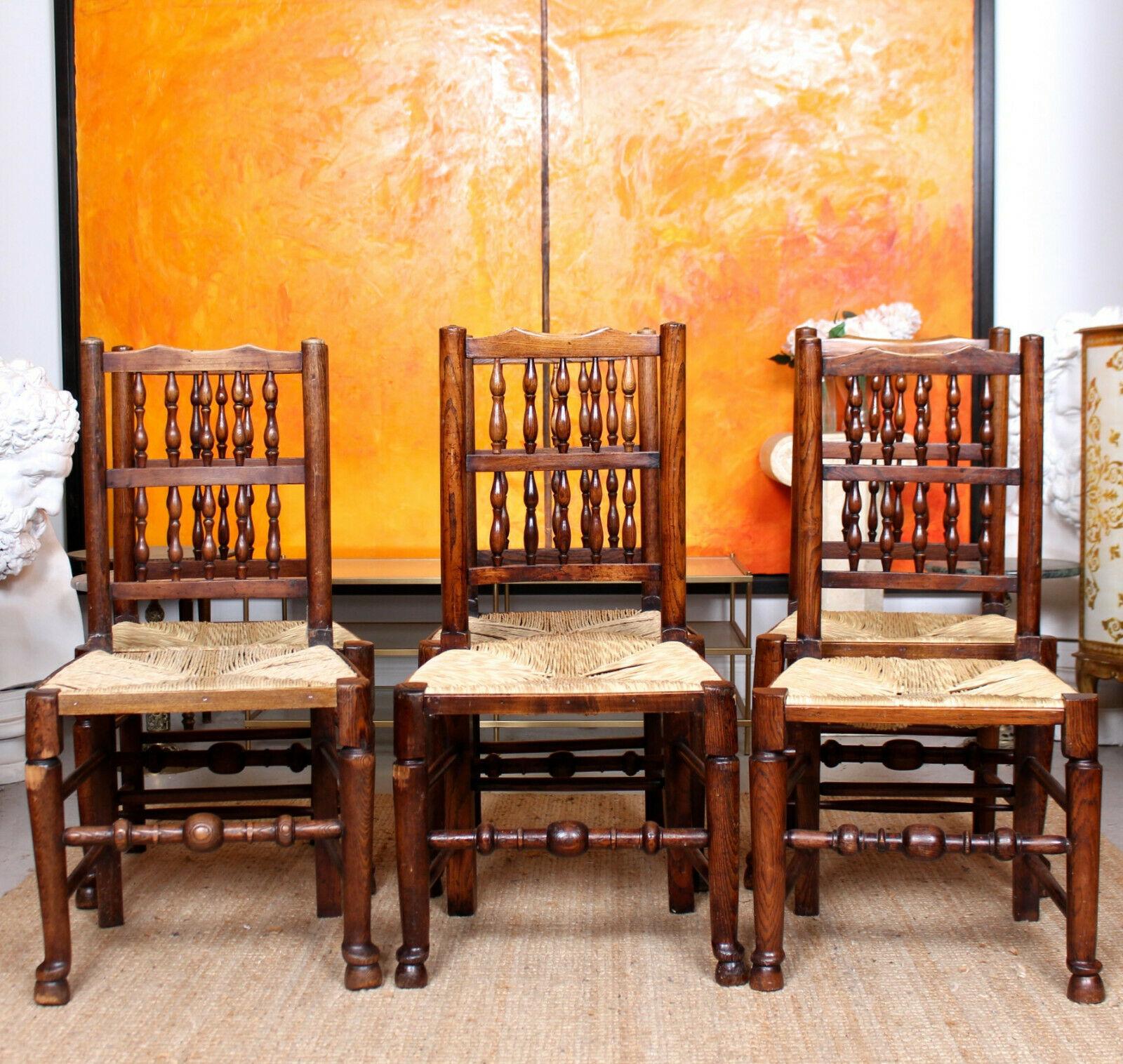 A mixed group of six early 19th century Georgian ash dining chairs.

The bobbin turned spindle backs above rushwork woven seats and raised on square legs united by turned stretchers.

England, circa 1820.