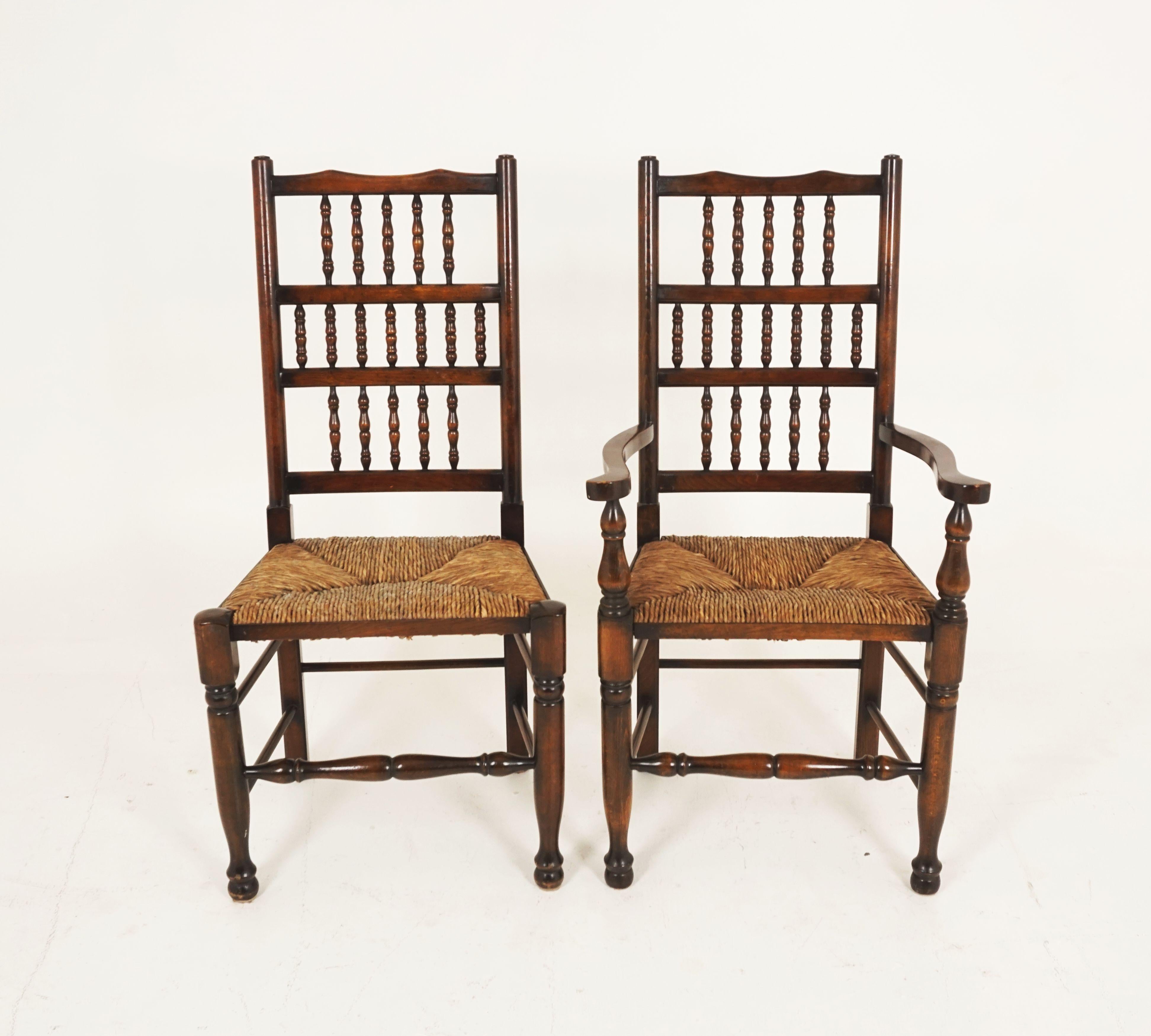 6 Georgian style rush seat dining chairs reproduction ‘4+2’, Scotland 1970, B2393

Scotland, 1970
Solid ash
Original finish
Shaped top rail
Round turned supports
Shaped top rail
Three tier open spindle back
Rush woven seat in good