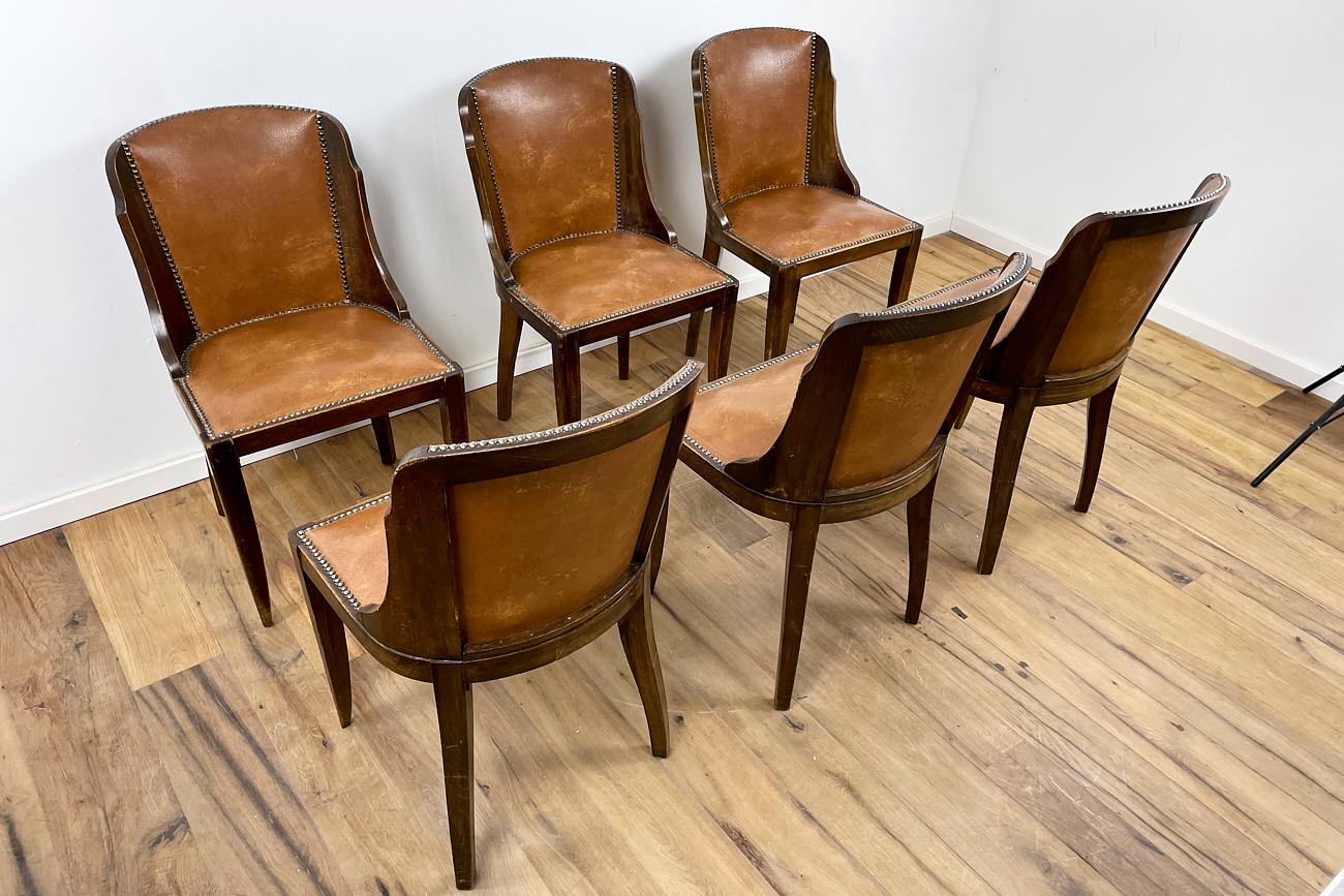 Leather 6 Gondola Chairs Art Deco Around 1930 from France For Sale
