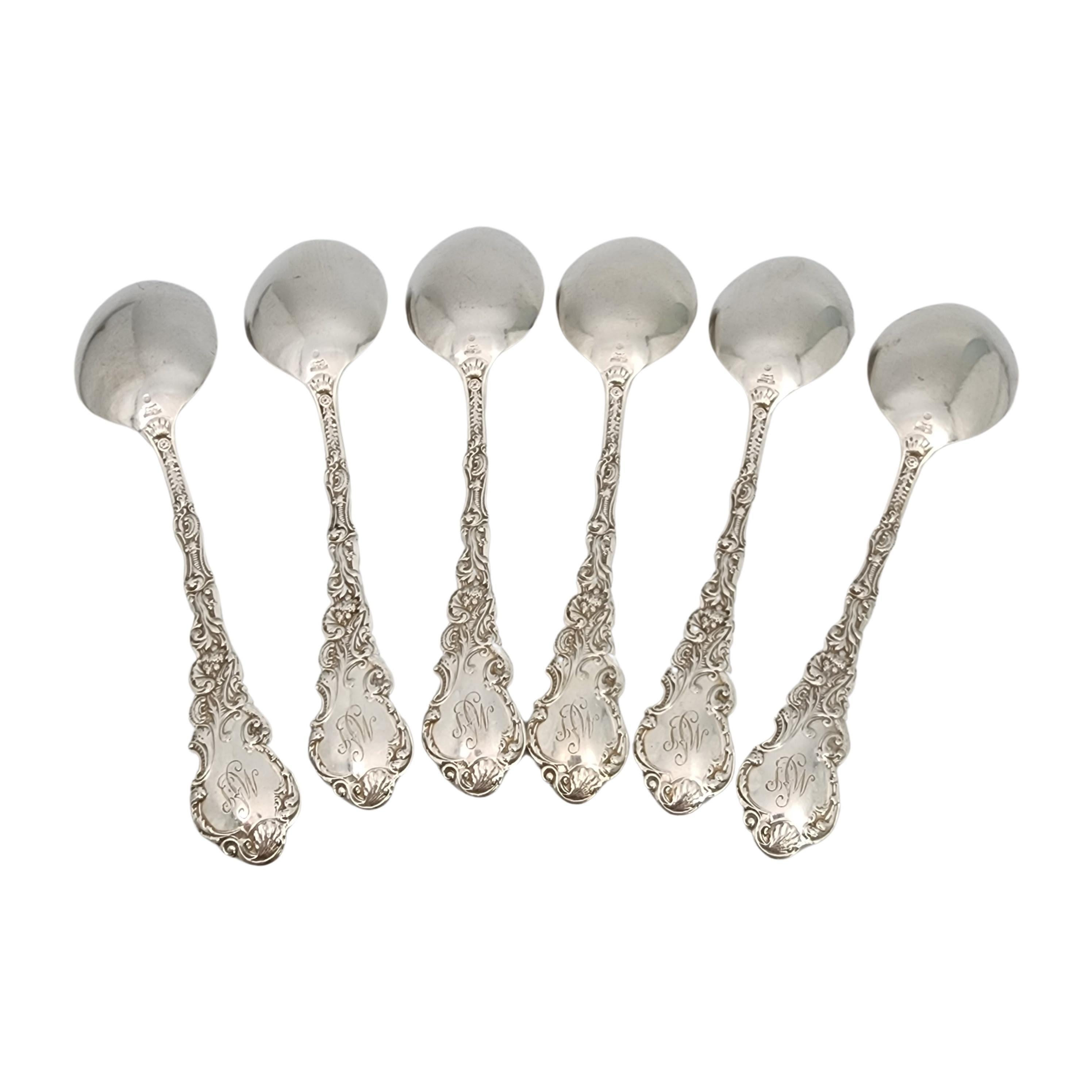 Set of 6 sterling silver dessert oval soup spoons in the Versailles pattern by Gorham.

Monogram appears to be MSJ (see photos).

Gorham's Versailles is a multi motif pattern designed by Antoine Heller in 1885. Named for the Palace of Versailles,