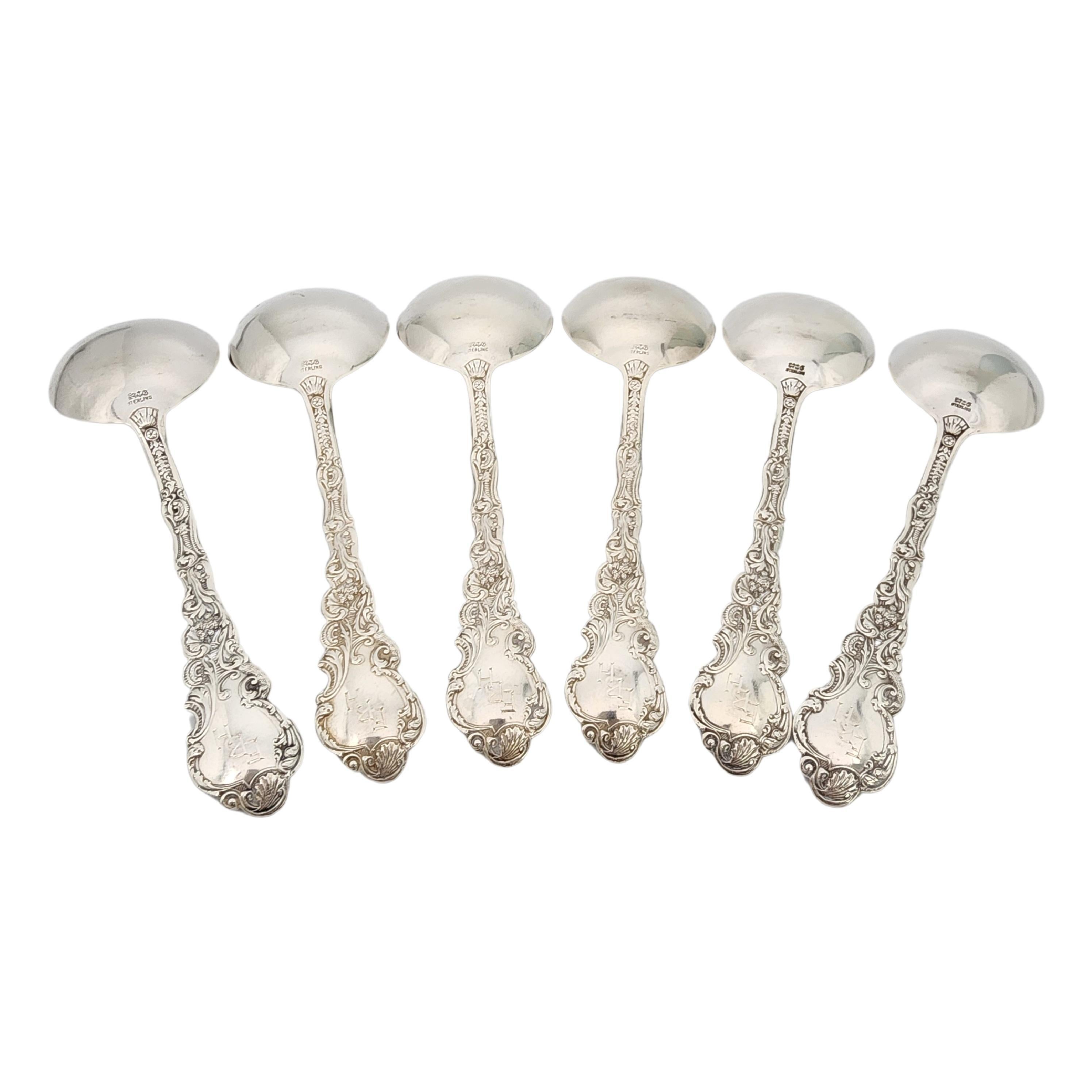 Set of 6 sterling silver round bowl gumbo spoon in the Versailles pattern by Gorham.

Monogram appears to be EBH (see photos).

Gorham's Versailles is a multi motif pattern designed by Antoine Heller in 1885. Named for the Palace of Versailles, the