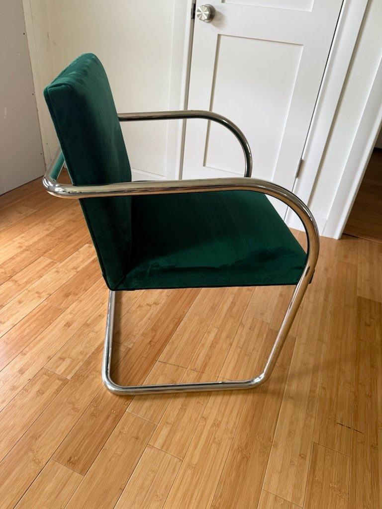 (6) Green Velvet Knoll + Thonet Chrome Brno Cantilevered Chairs For Sale 1
