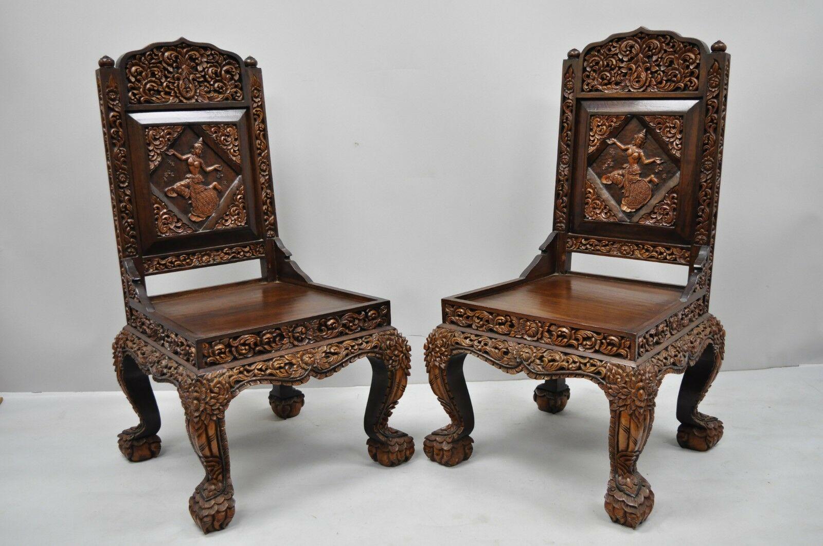 6 Hand Carved Thai Oriental Teak Wood Dining Chairs with Dancing Female Figure 7