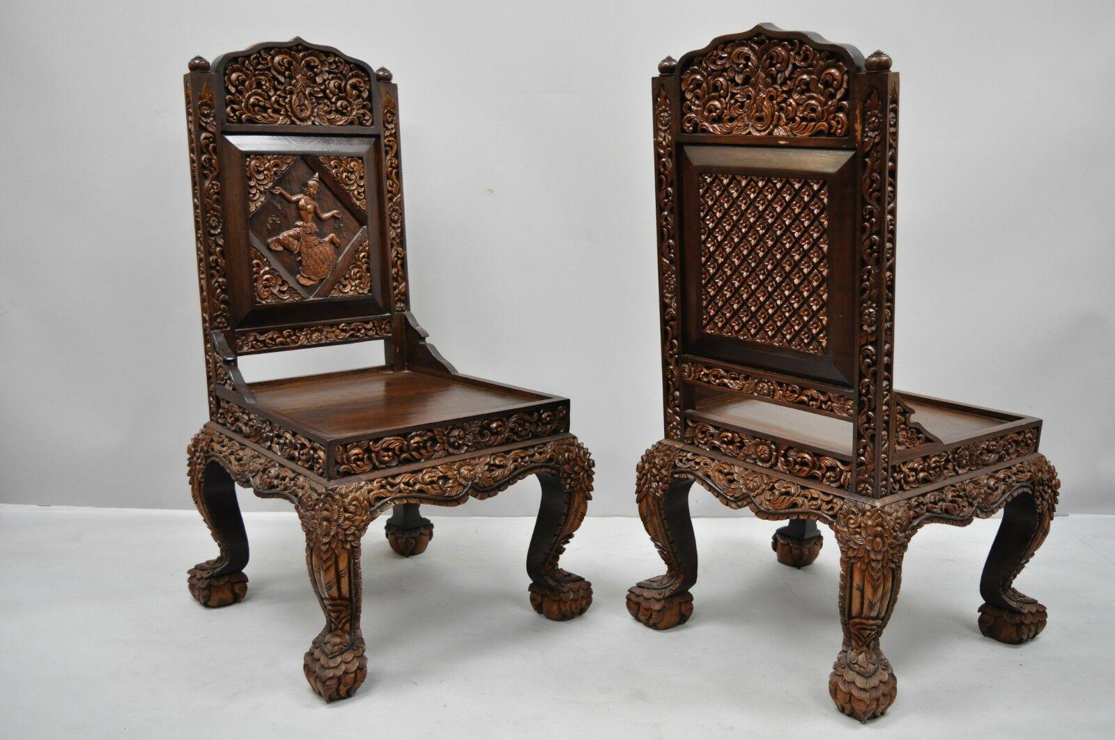 6 Hand Carved Thai Oriental Teak Wood Dining Chairs with Dancing Female Figure In Good Condition In Philadelphia, PA