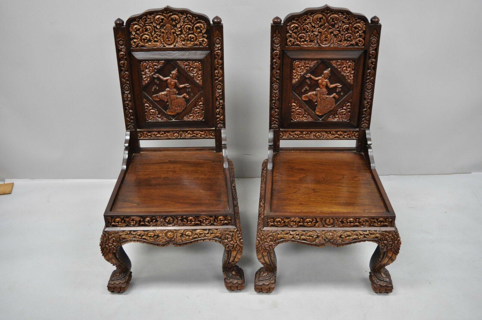 20th Century 6 Hand Carved Thai Oriental Teak Wood Dining Chairs with Dancing Female Figure