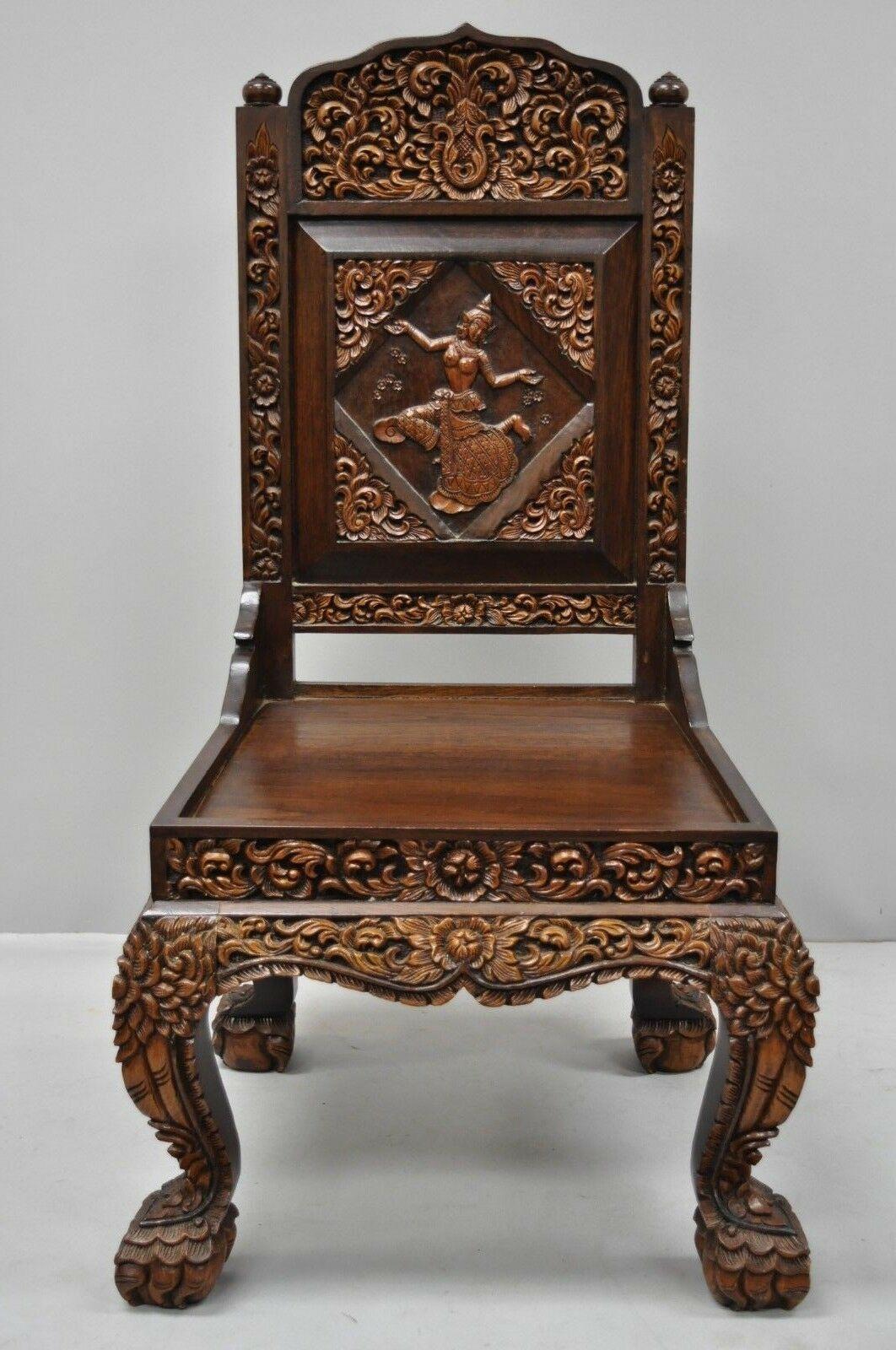 6 Hand Carved Thai Oriental Teak Wood Dining Chairs with Dancing Female Figure 1