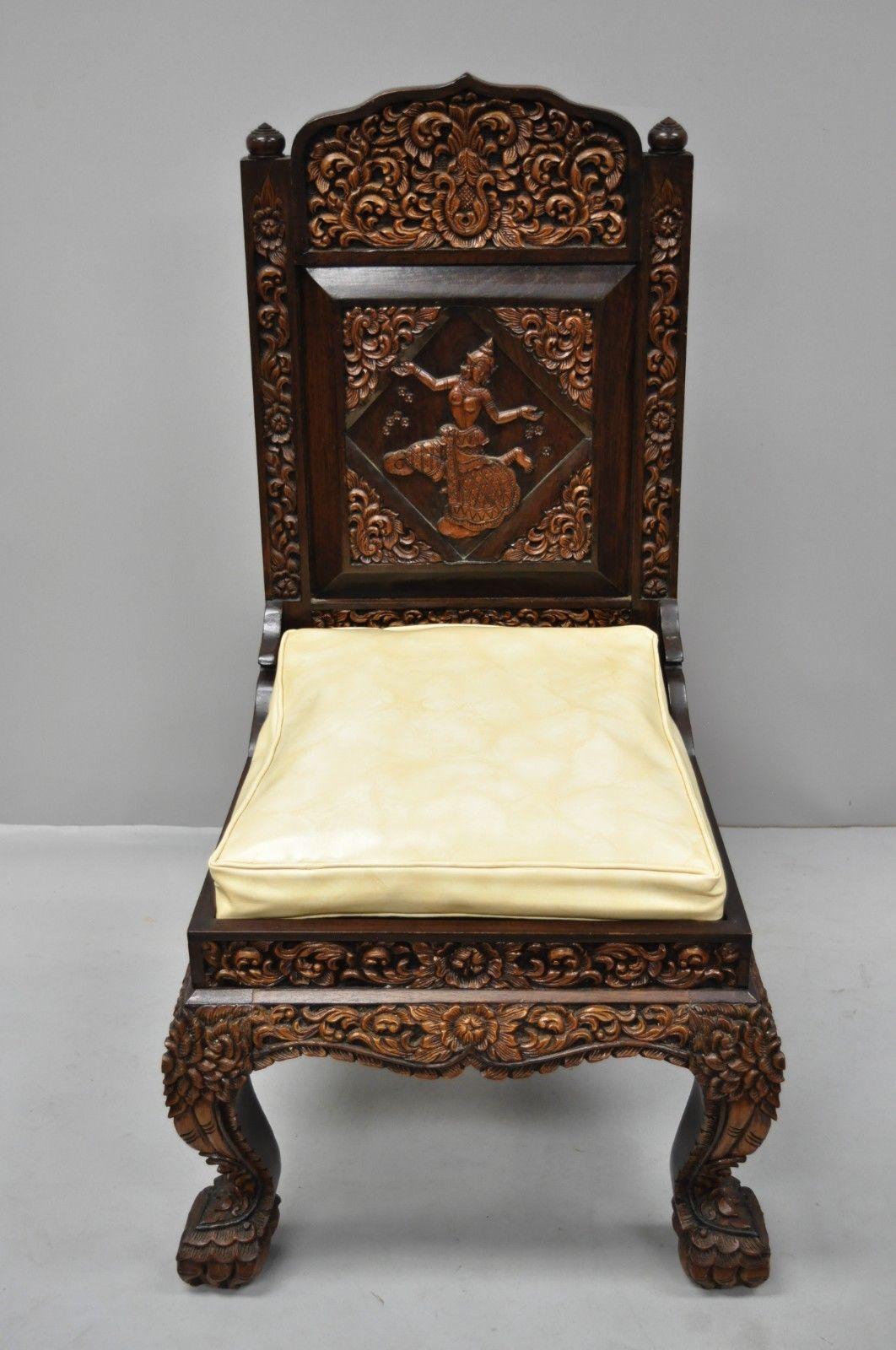 6 Hand Carved Thai Oriental Teak Wood Dining Chairs with Dancing Female Figure 2