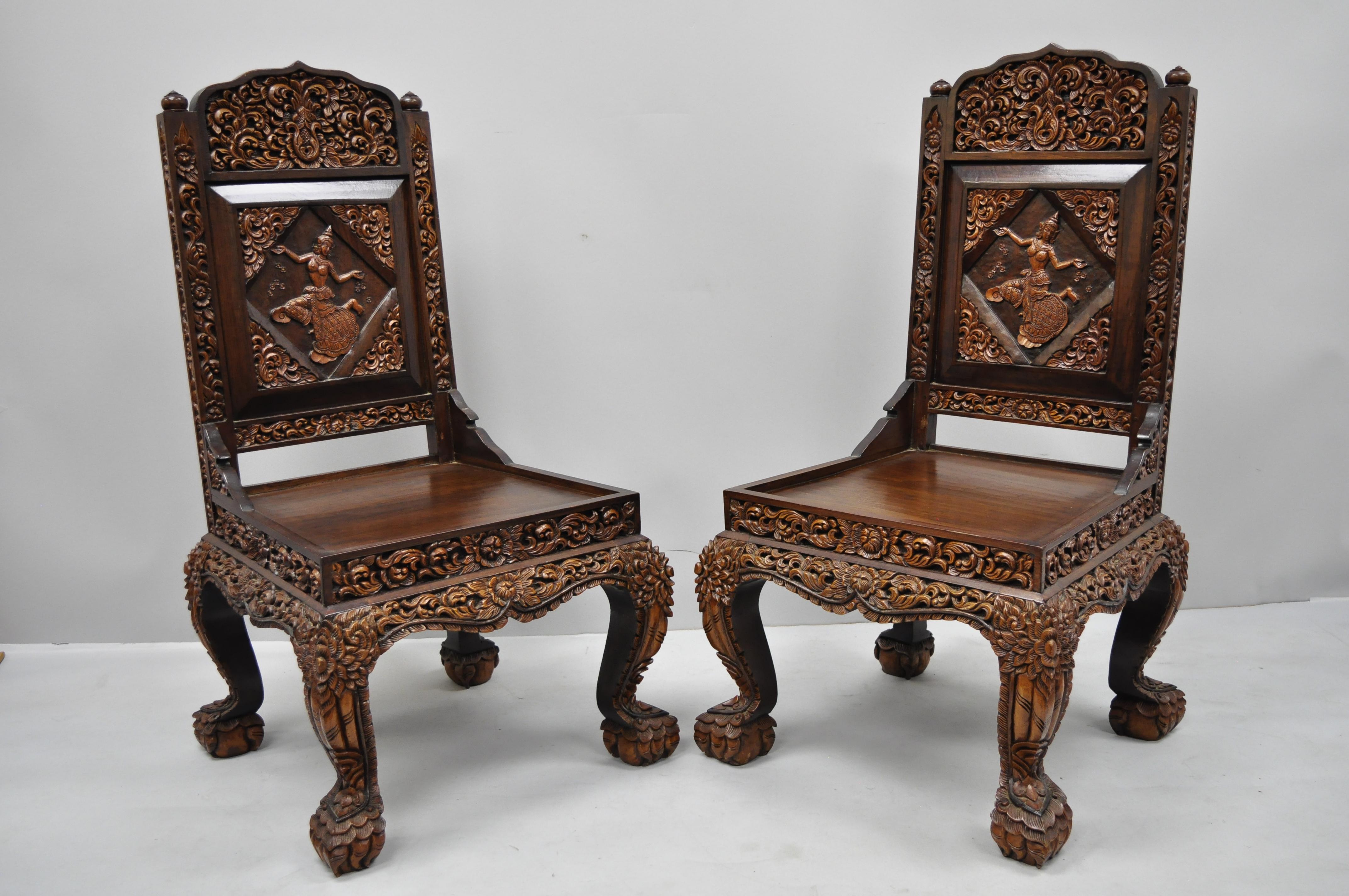 6 Hand-Carved Thai Oriental Teak Wood Dining Chairs with Dancing Female 5