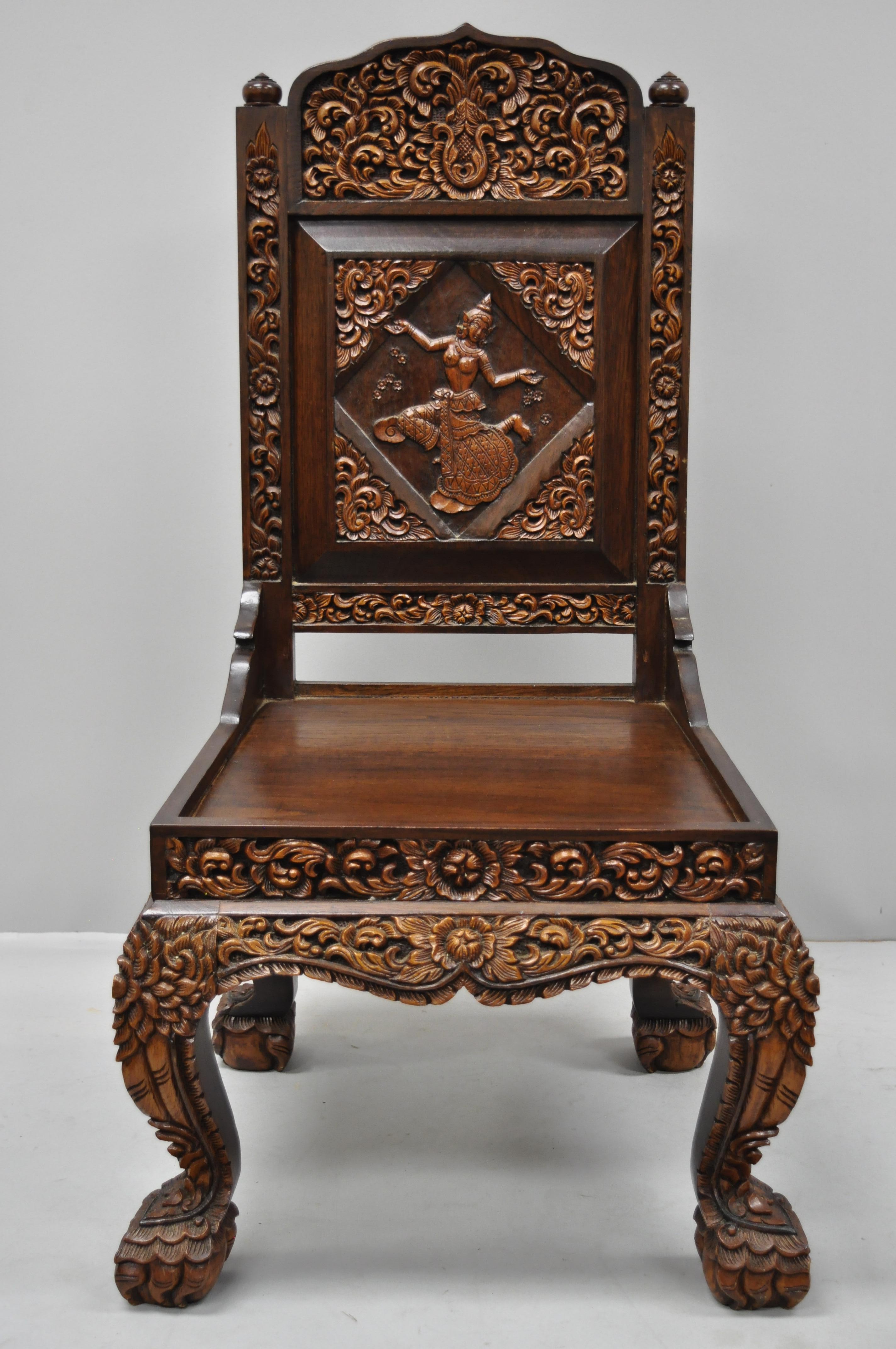 Chinese Chippendale 6 Hand-Carved Thai Oriental Teak Wood Dining Chairs with Dancing Female