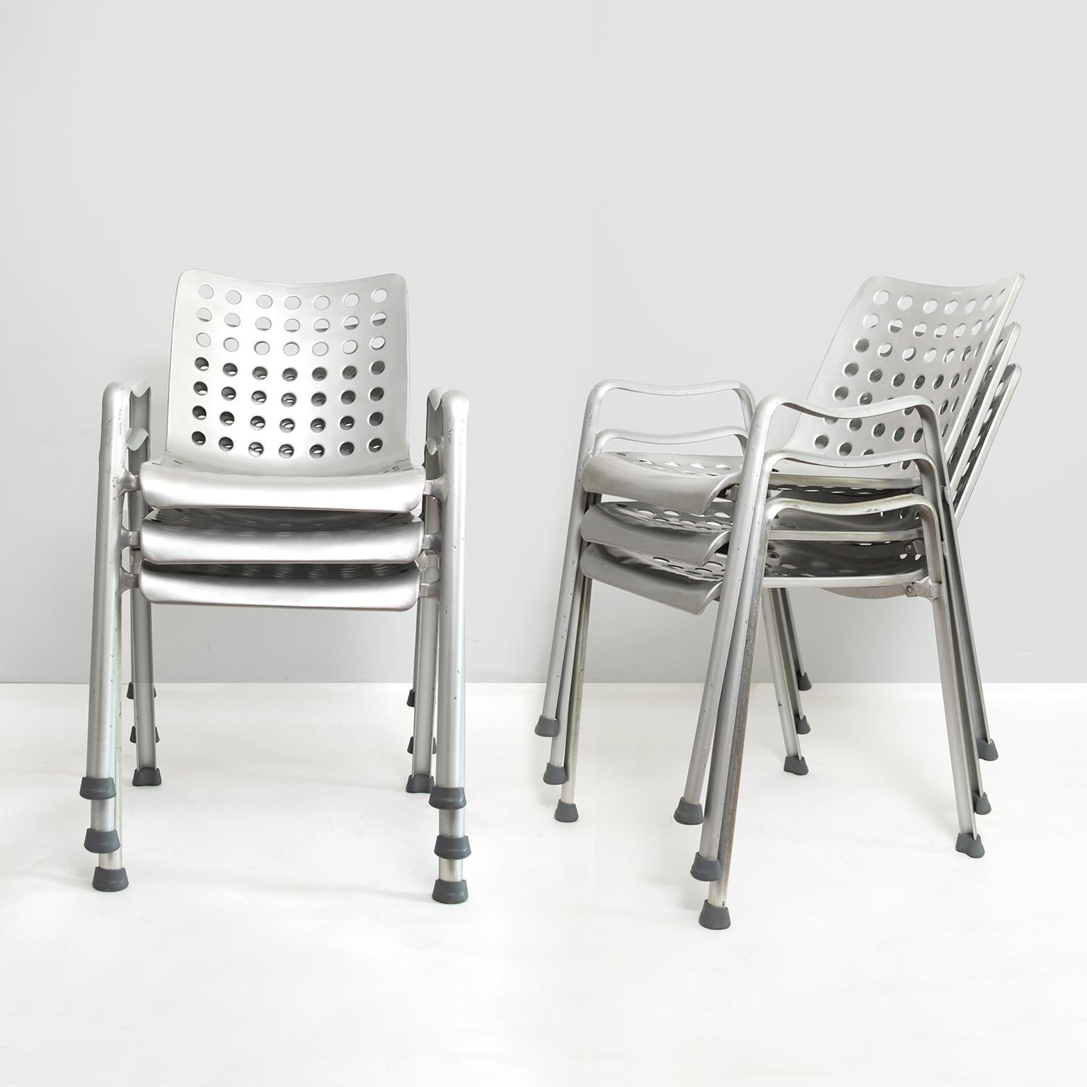 Set of 6 vintage Hans Coray aluminum “Landi” chairs. These examples have 91 holes in total which dates their manufacturing pre-1960. The Landi chairs were designed in the 1930s in Switzerland. 

Good vintage condition, some oxidation, scratched