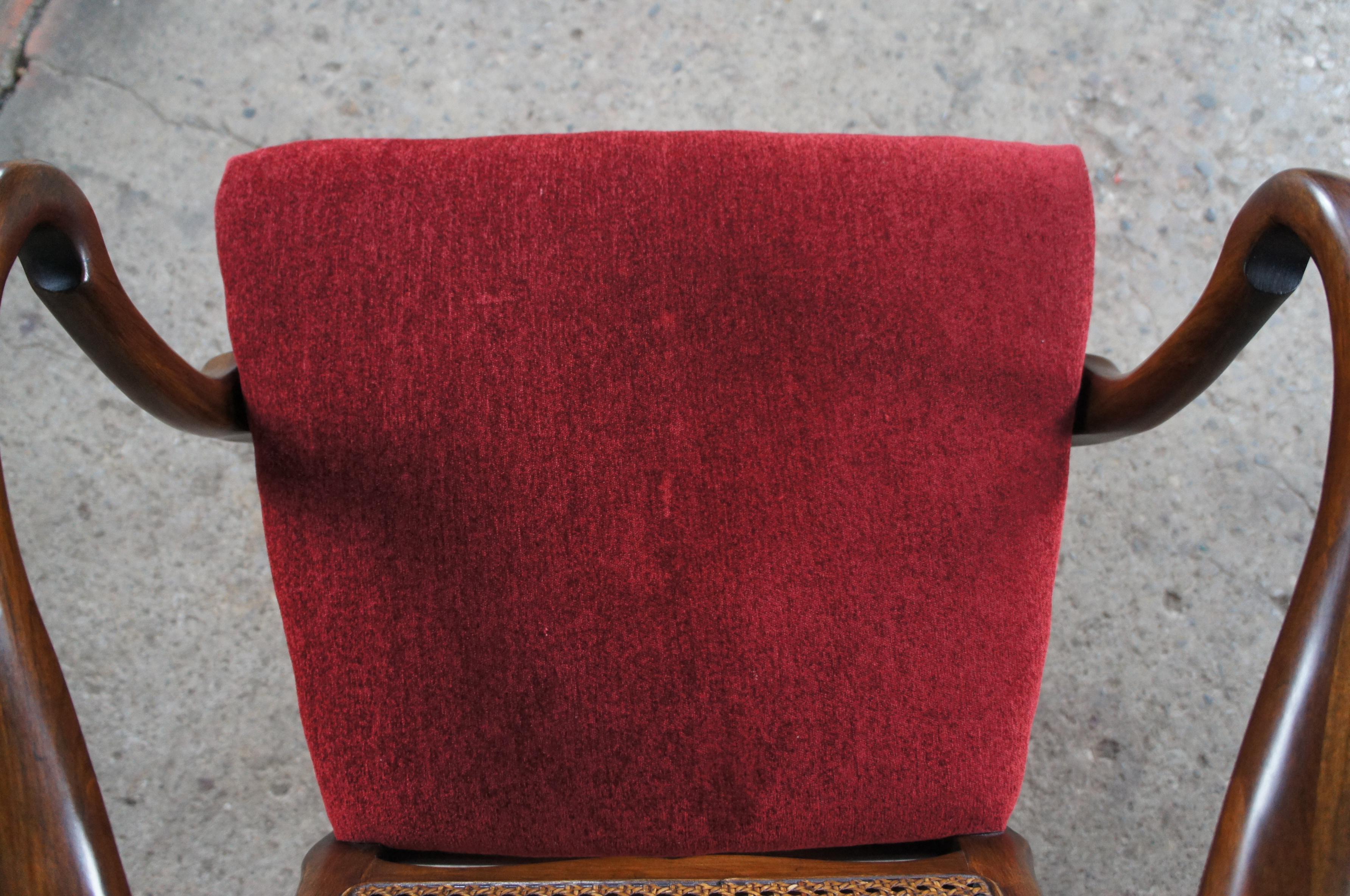 Tissu d'ameublement 6 fauteuils de salle à manger cannés Harden de style Queen Anne en cerisier massif du milieu du siècle dernier en vente