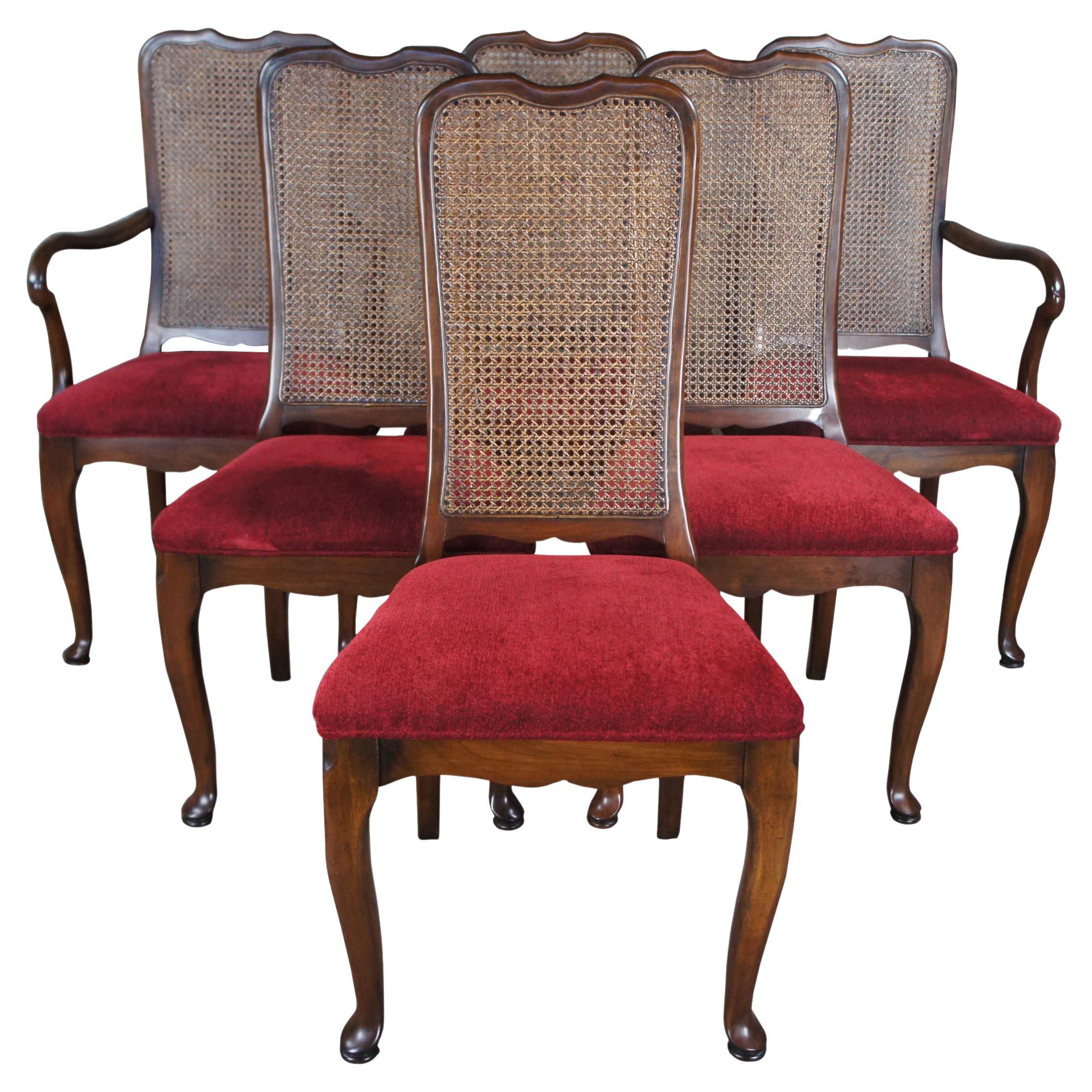 6 Harden Mid Century Solid Cherry Queen Anne Style Caned Dining Arm Chairs