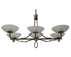 Araña de 6 cabezas de cristal y marco de latón, años 60, Italia