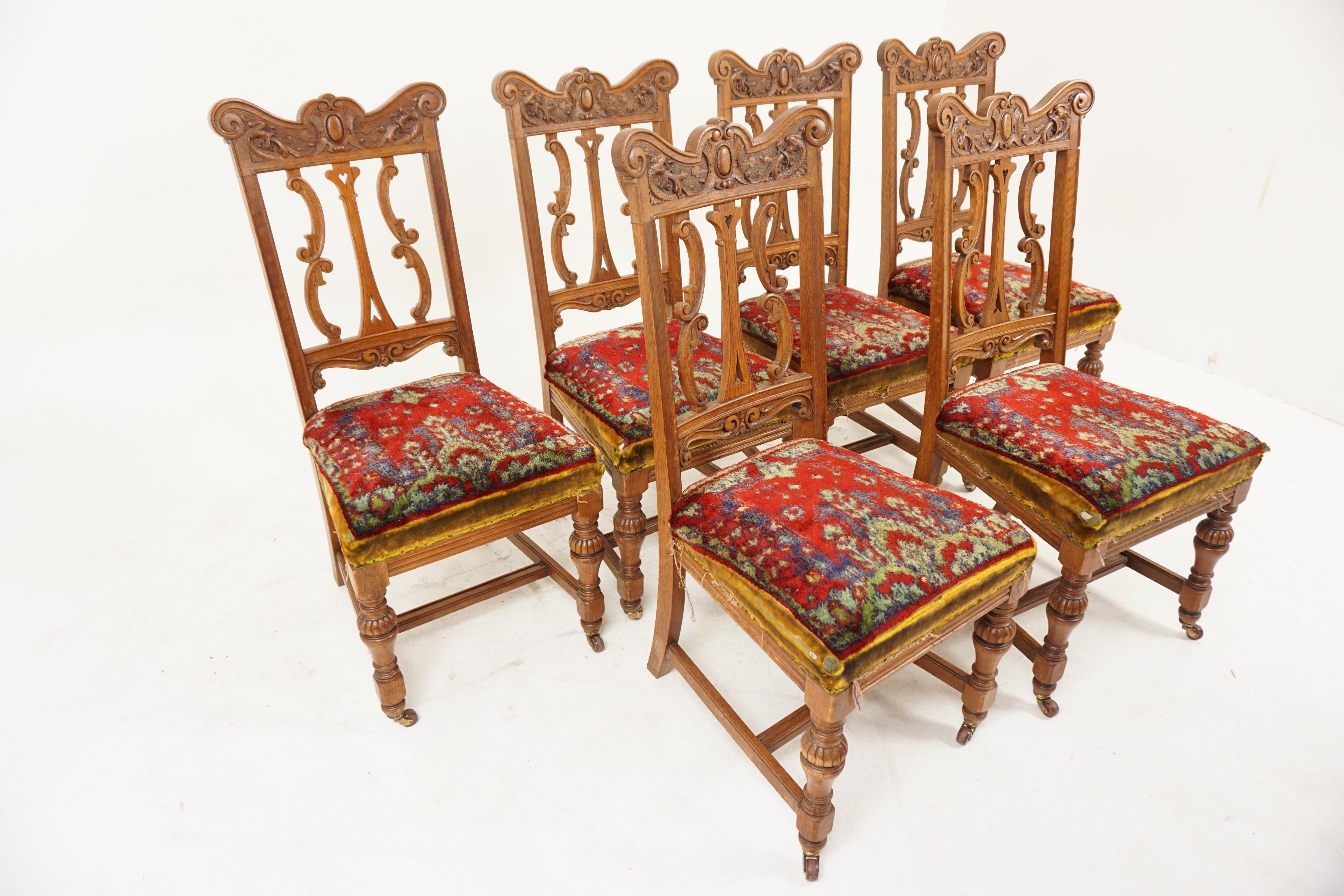 Scottish 6 Heavily Carved Victorian Oak Upholstered Dining Chairs, Scotland 1880, H994