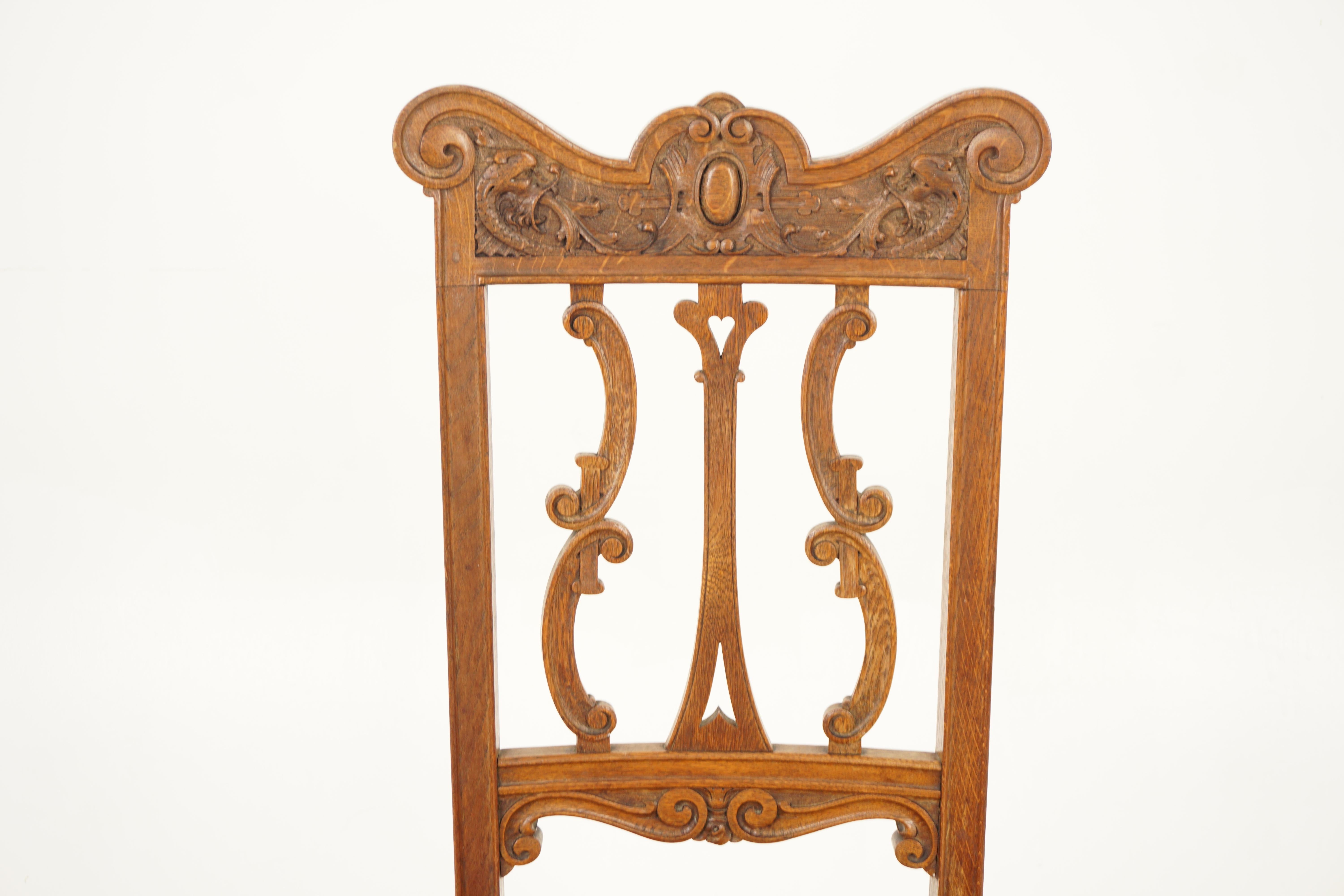 Hand-Crafted 6 Heavily Carved Victorian Oak Upholstered Dining Chairs, Scotland 1880, H994