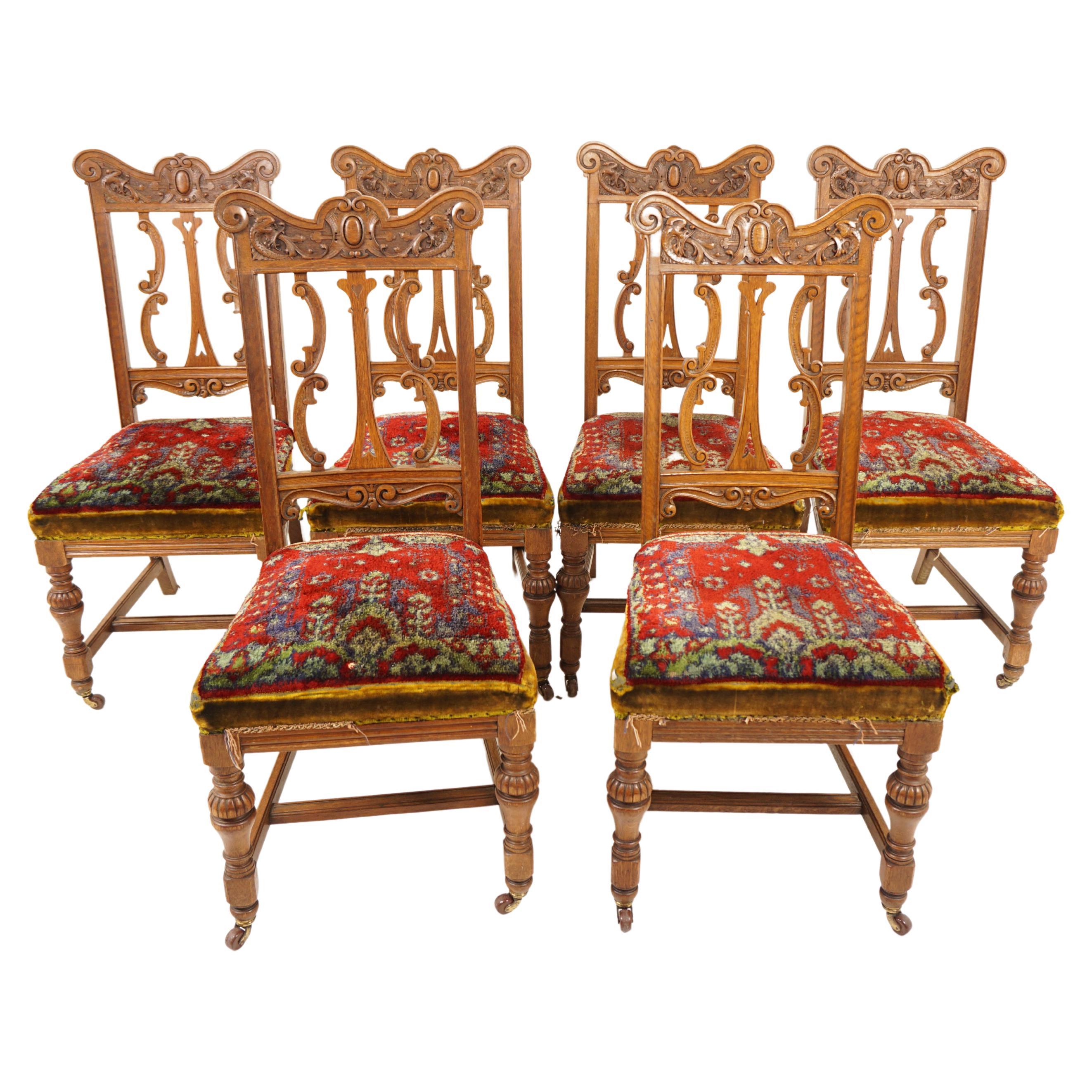 6 Heavily Carved Victorian Oak Upholstered Dining Chairs, Scotland 1880, H994
