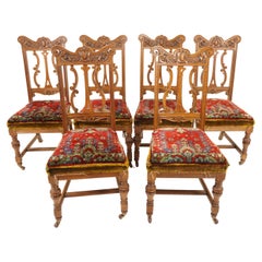 6 Heavily Carved Victorian Oak Upholstered Dining Chairs, Scotland 1880, H994