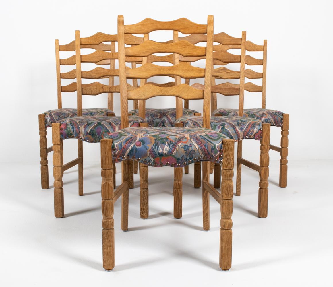 Scandinavian Modern (6) Henning Kjaernulf Danish Oak Ladder Back Dining Chairs For Sale