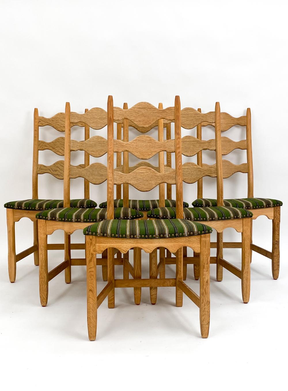 Mid-Century Modern (6) Henning Kjaernulf Mid-Century High-Back Carved Oak Dining Chairs For Sale
