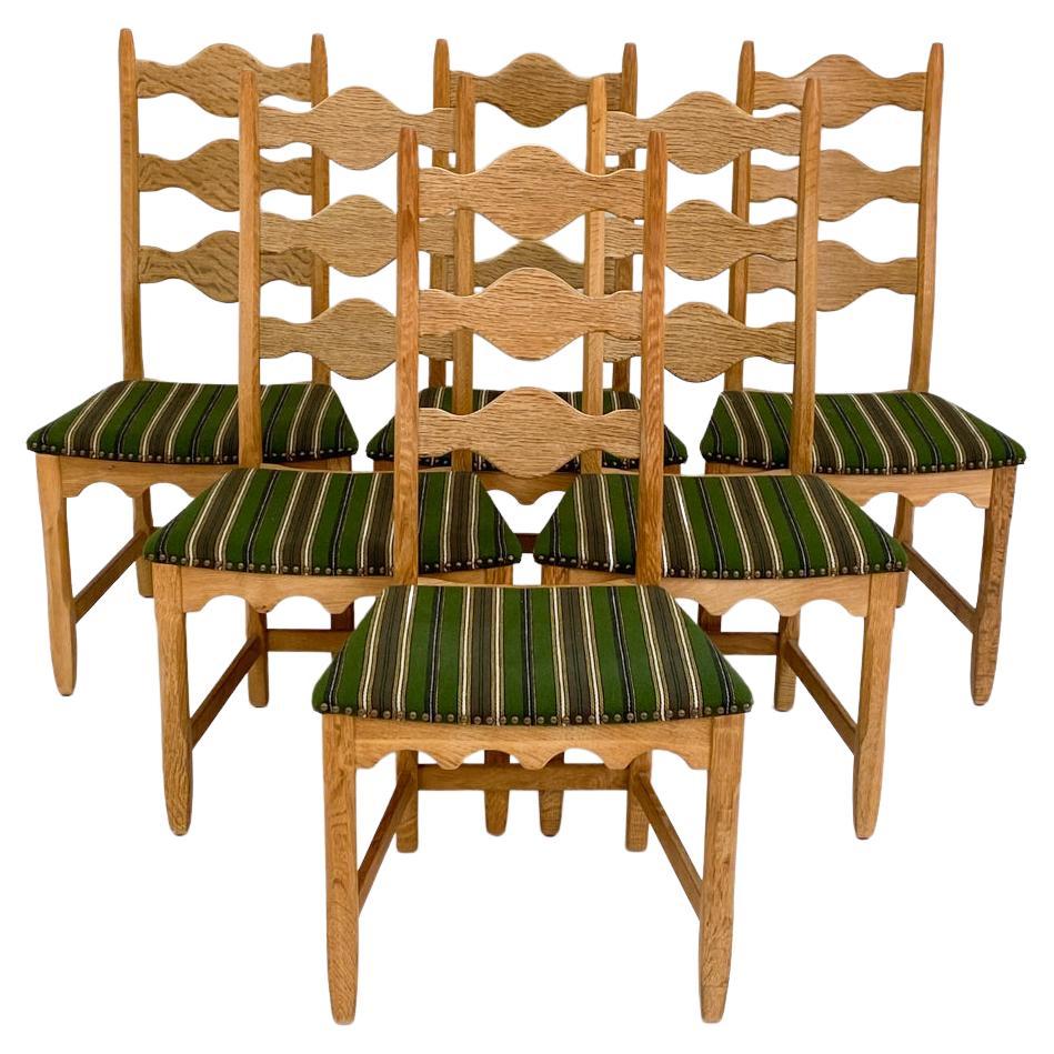 (6) Henning Kjaernulf Mid-Century High-Back Carved Oak Dining Chairs For Sale