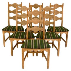 Used (6) Henning Kjaernulf Mid-Century High-Back Carved Oak Dining Chairs