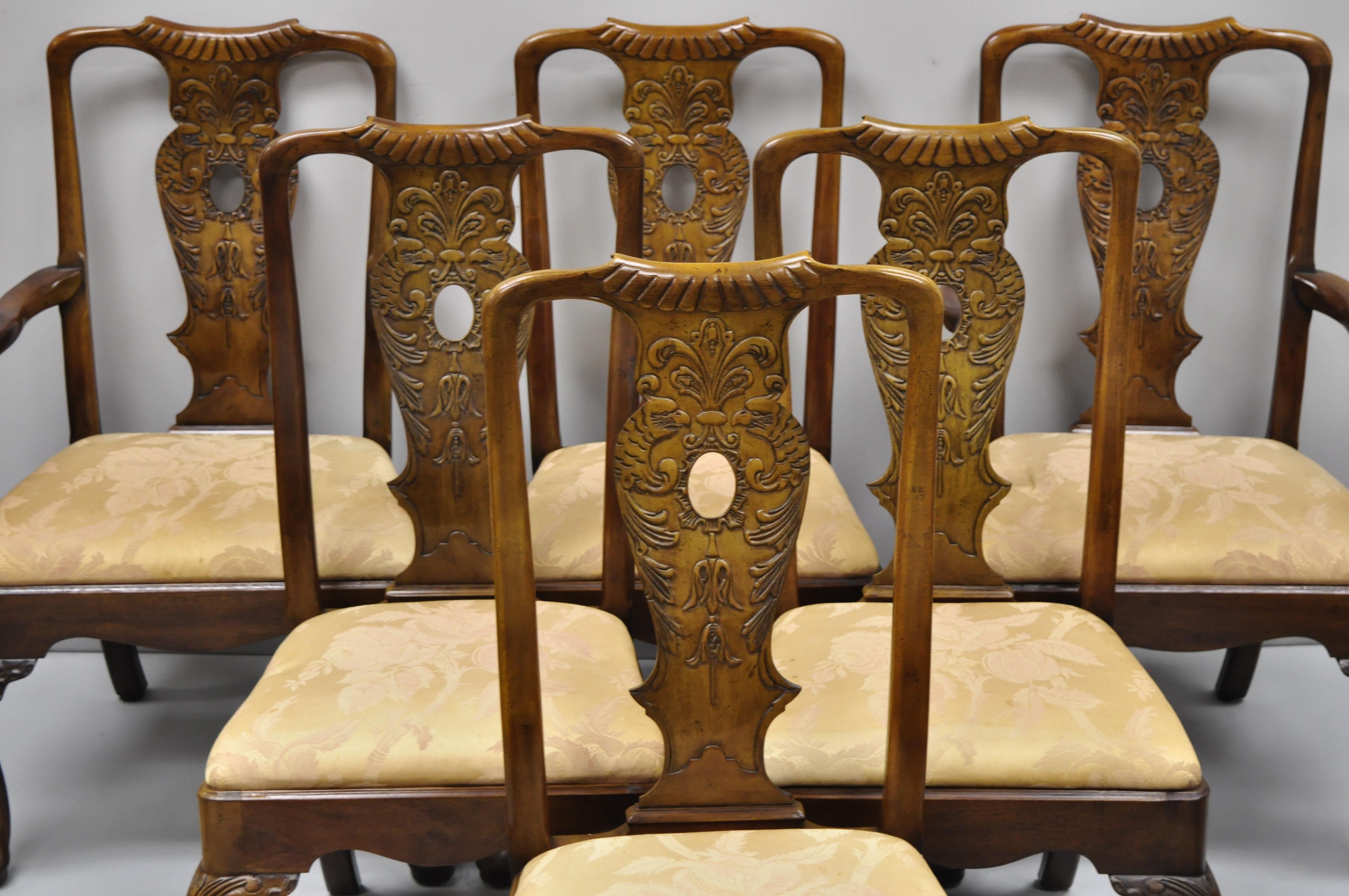 6 Henredon Aston court carved wood oriental dining room chairs with birds. Listing includes (2) armchairs, (4) side chairs, bird carved back splats, Queen Anne legs, carved knees, distressed finish, stretcher base, solid wood construction, nicely