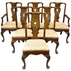 Vintage 6 Henredon Aston Court Carved Wood Oriental Georgian Dining Chairs with Birds