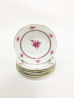 6 Herend Hungary Porcelain "Chinese Bouquet Raspberry" Soup Plates