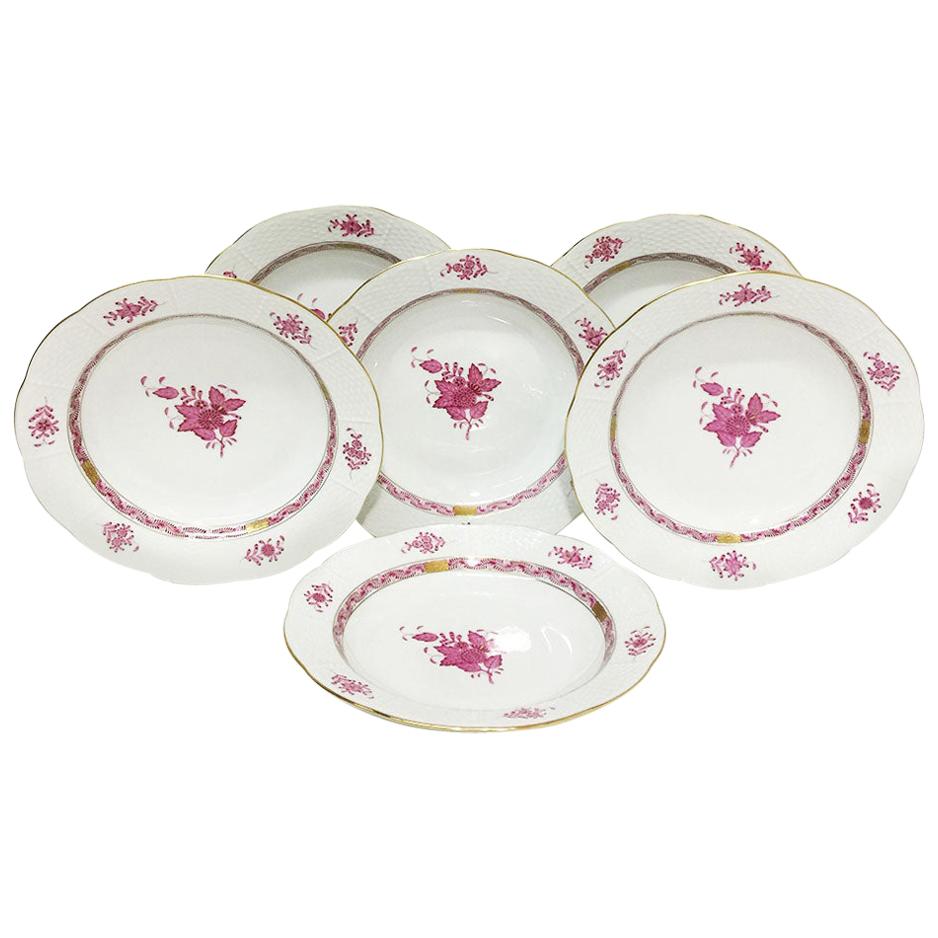 6 Herend Hungary Porcelain "Chinese Bouquet Raspberry" Soup Plates