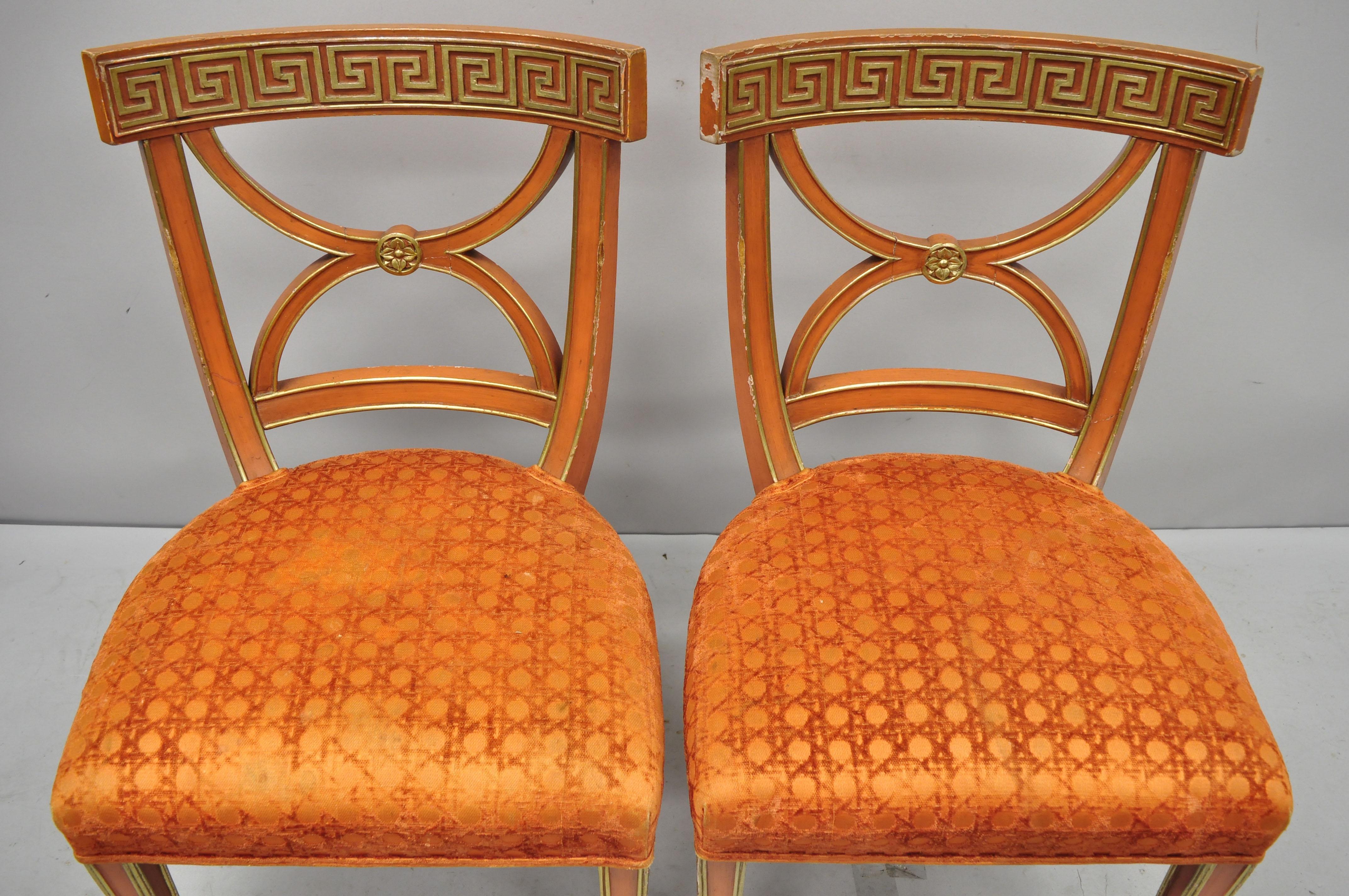 6 Hollywood Regency French Greek Key Distress Painted Orange Beige Dining Chairs For Sale 6