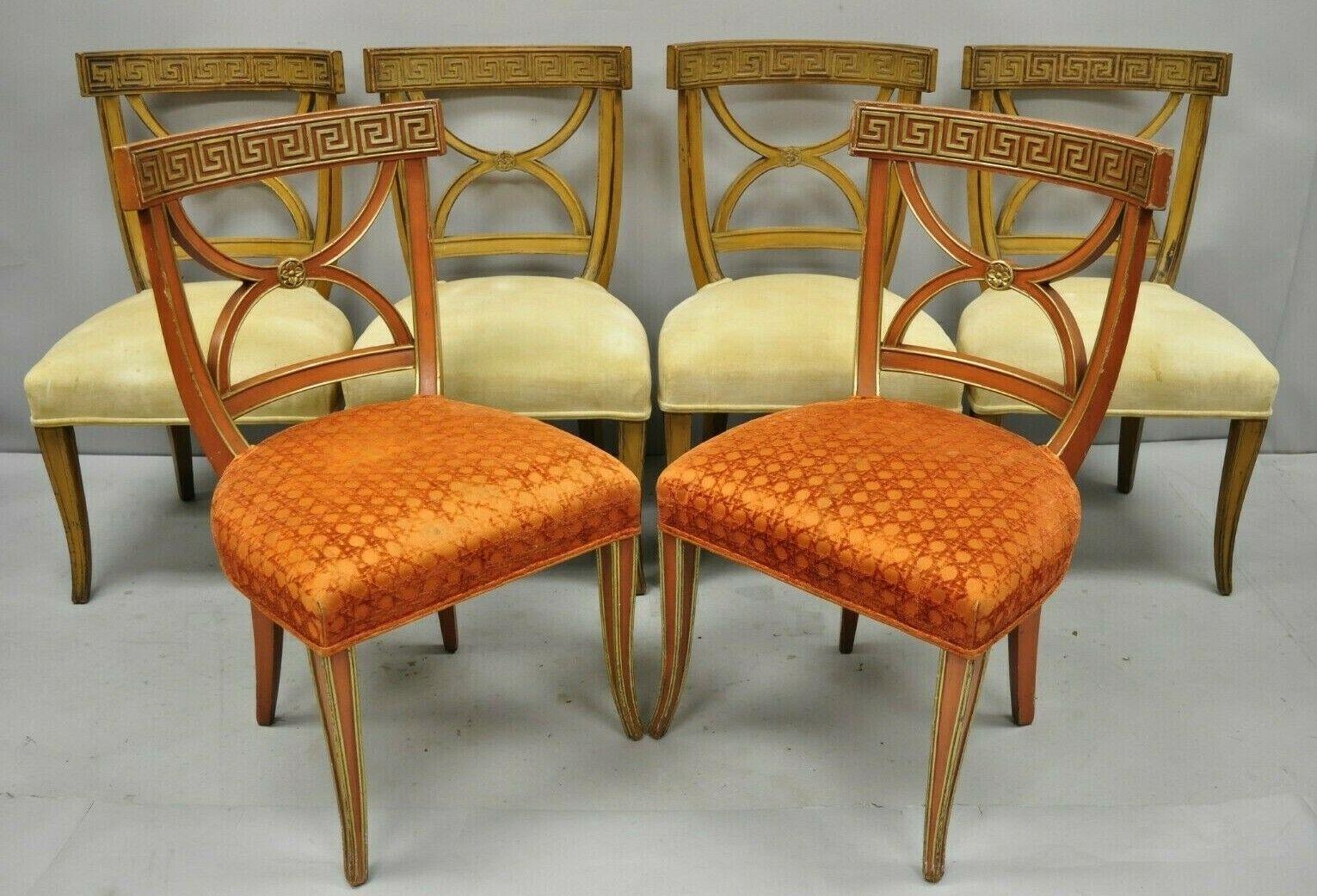 6 Hollywood Regency French Greek Key Distress Painted Orange Beige Dining Chairs For Sale 6