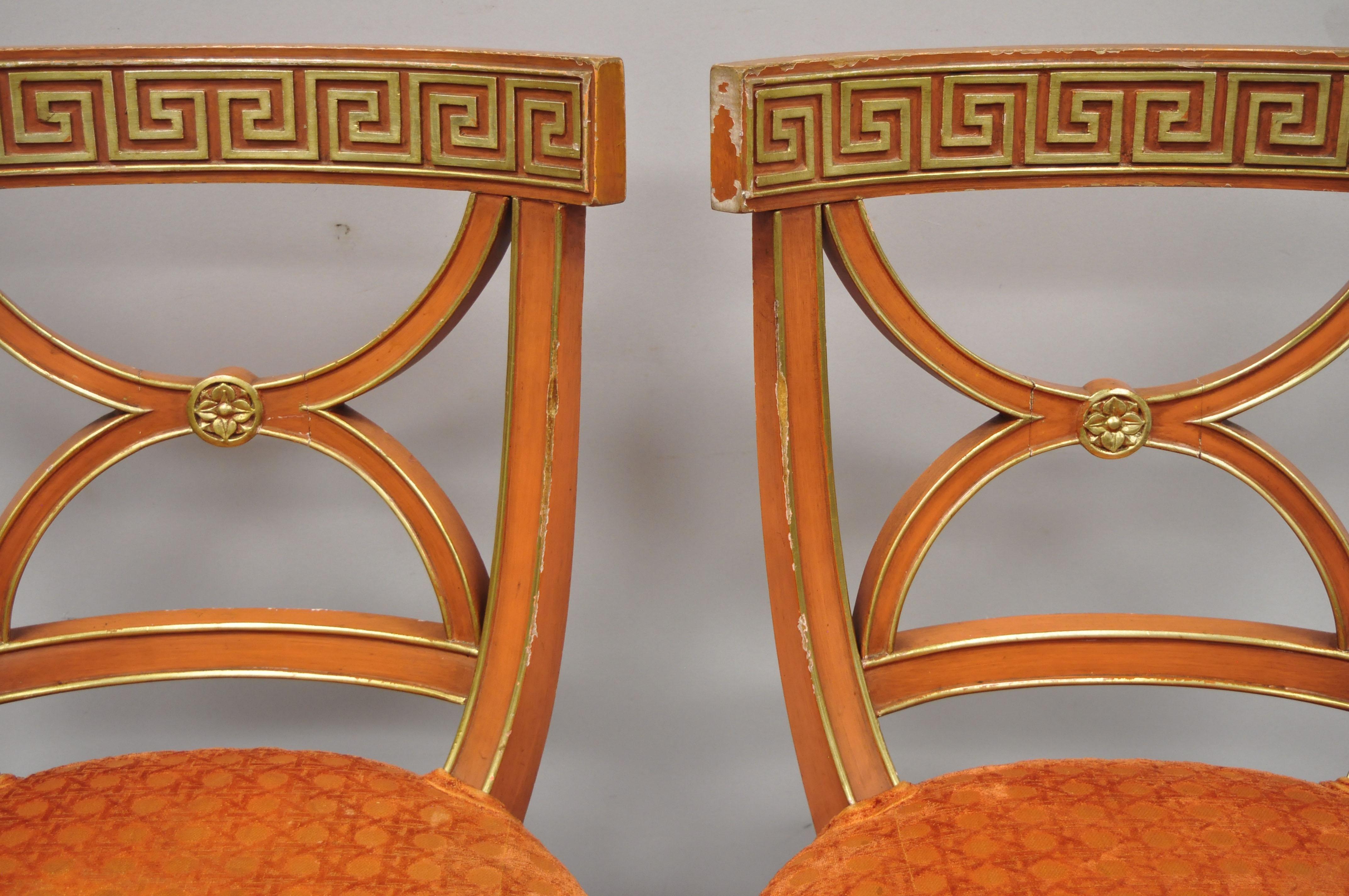 6 Hollywood Regency French Greek Key Distress Painted Orange Beige Dining Chairs In Good Condition For Sale In Philadelphia, PA
