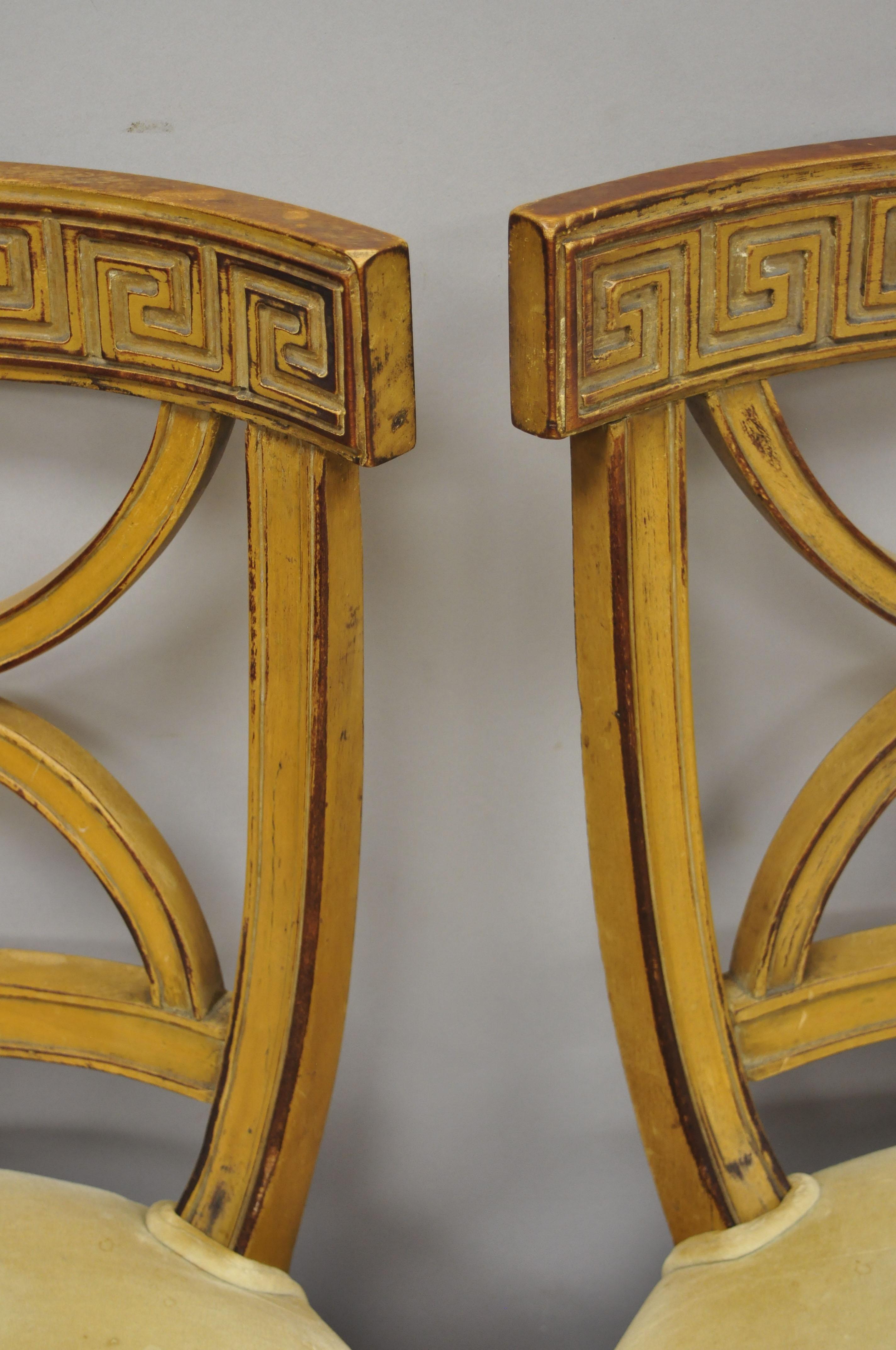 Fabric 6 Hollywood Regency French Greek Key Distress Painted Orange Beige Dining Chairs For Sale