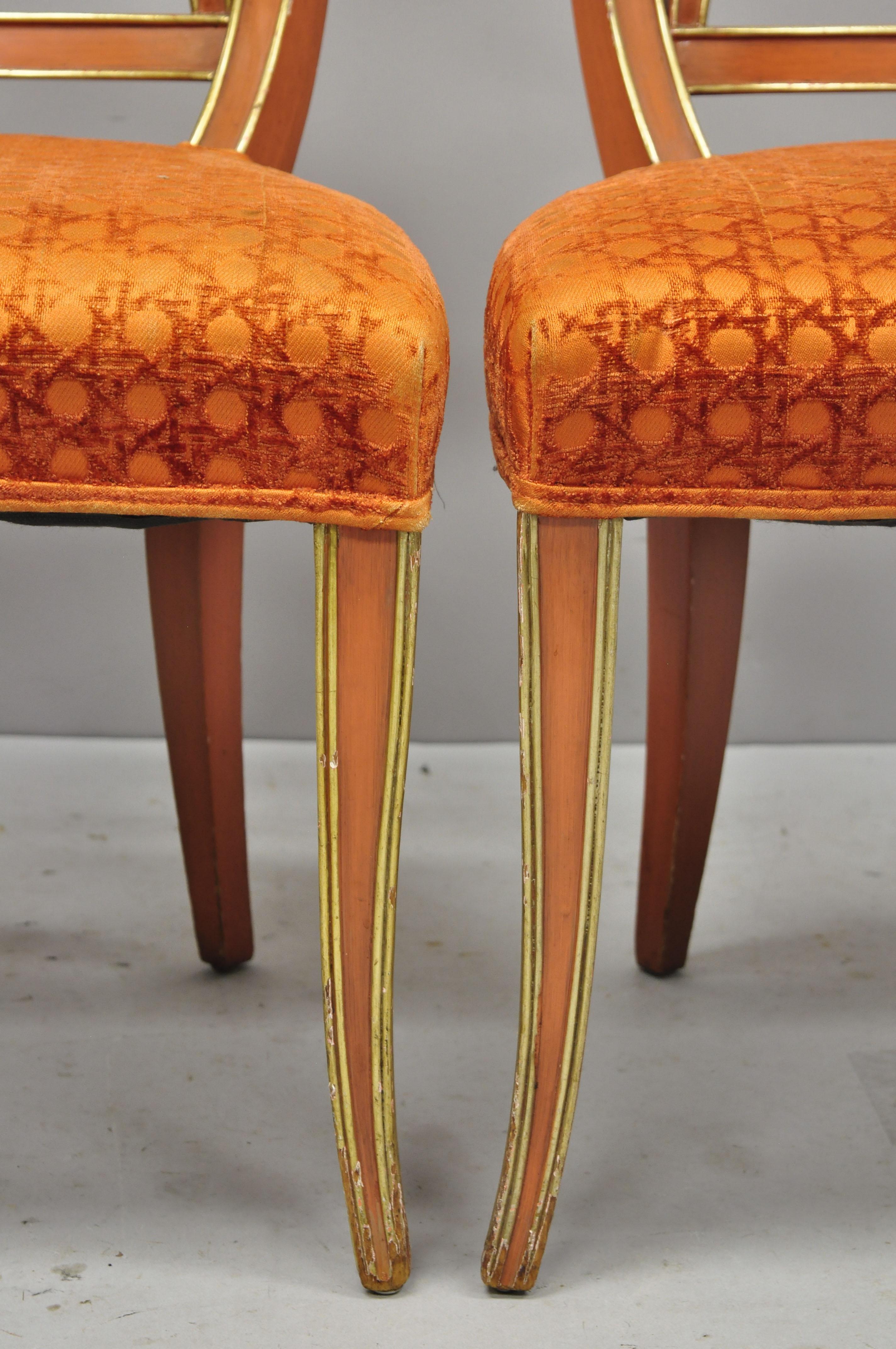 6 Hollywood Regency French Greek Key Distress Painted Orange Beige Dining Chairs For Sale 3