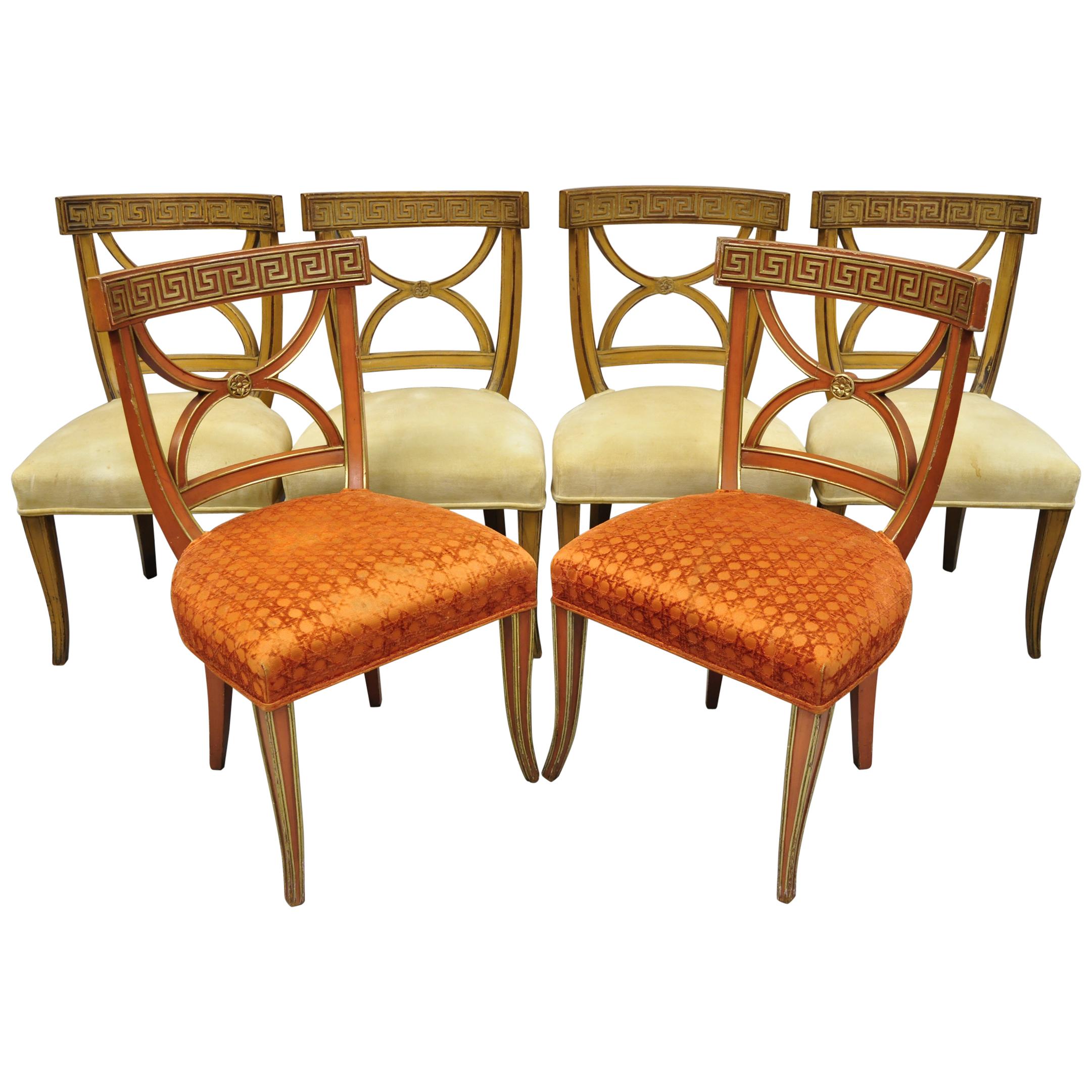 6 Hollywood Regency French Greek Key Distress Painted Orange Beige Dining Chairs For Sale