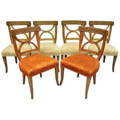 6 Hollywood Regency French Greek Key Distress Painted Orange Beige Dining Chairs