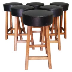 6 Identical Postmodern Wooden Bar Stools