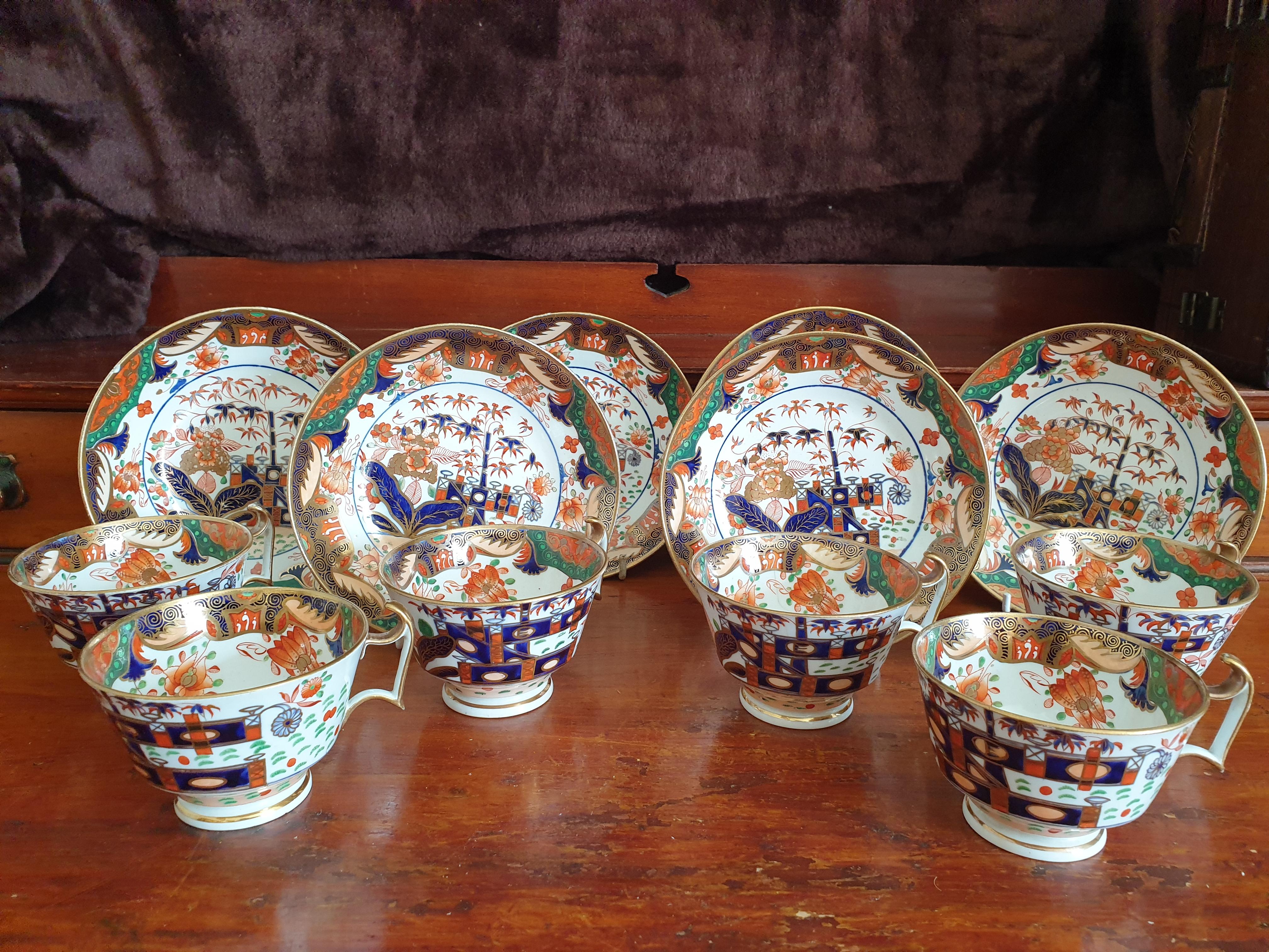 This fabulous teaset includes an early 19th century set of 6 Spode Imari tea cups and saucers, richly painted in the London shape. Abundant gilt detail, blue transfers, red detail, cobalt and peach grounds are overpainted with swaths of enamel in
