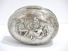 European Silver Gilded Interior Antique Dutch Playing Cards Scene Oval Box
