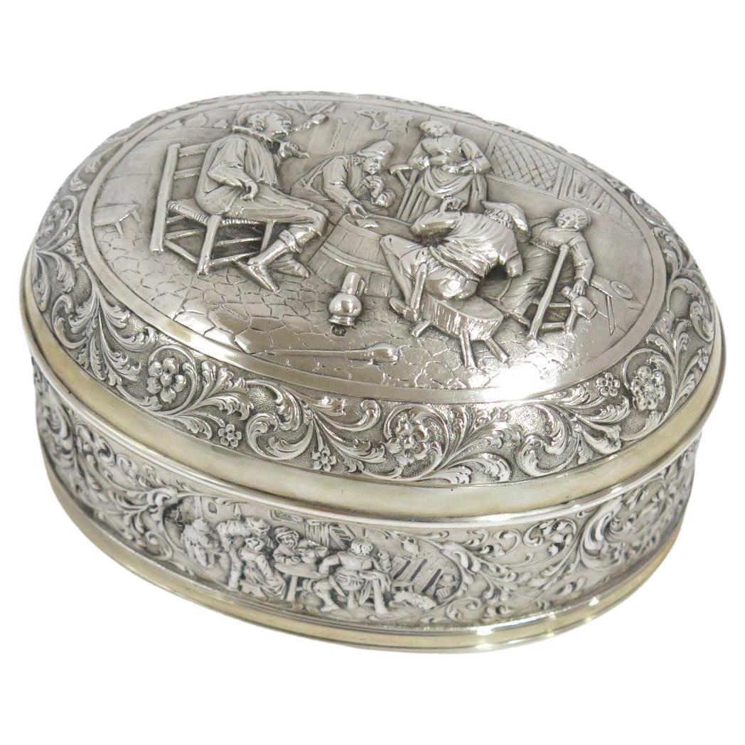 European Silver Gilded Interior Antique Dutch Playing Cards Scene Oval Box For Sale