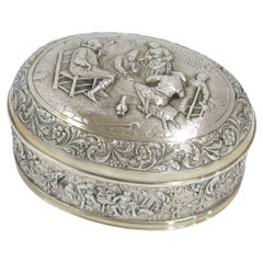 European Silver Gilded Interior Antique Dutch Playing Cards Scene Oval Box