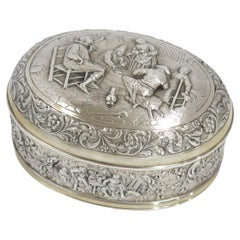 European Silver Gilded Interior Antique Dutch Playing Cards Scene Oval Box
