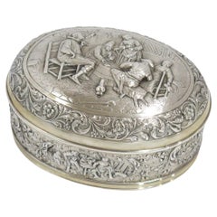 European Silver Gilded Interior Used Dutch Playing Cards Scene Oval Box