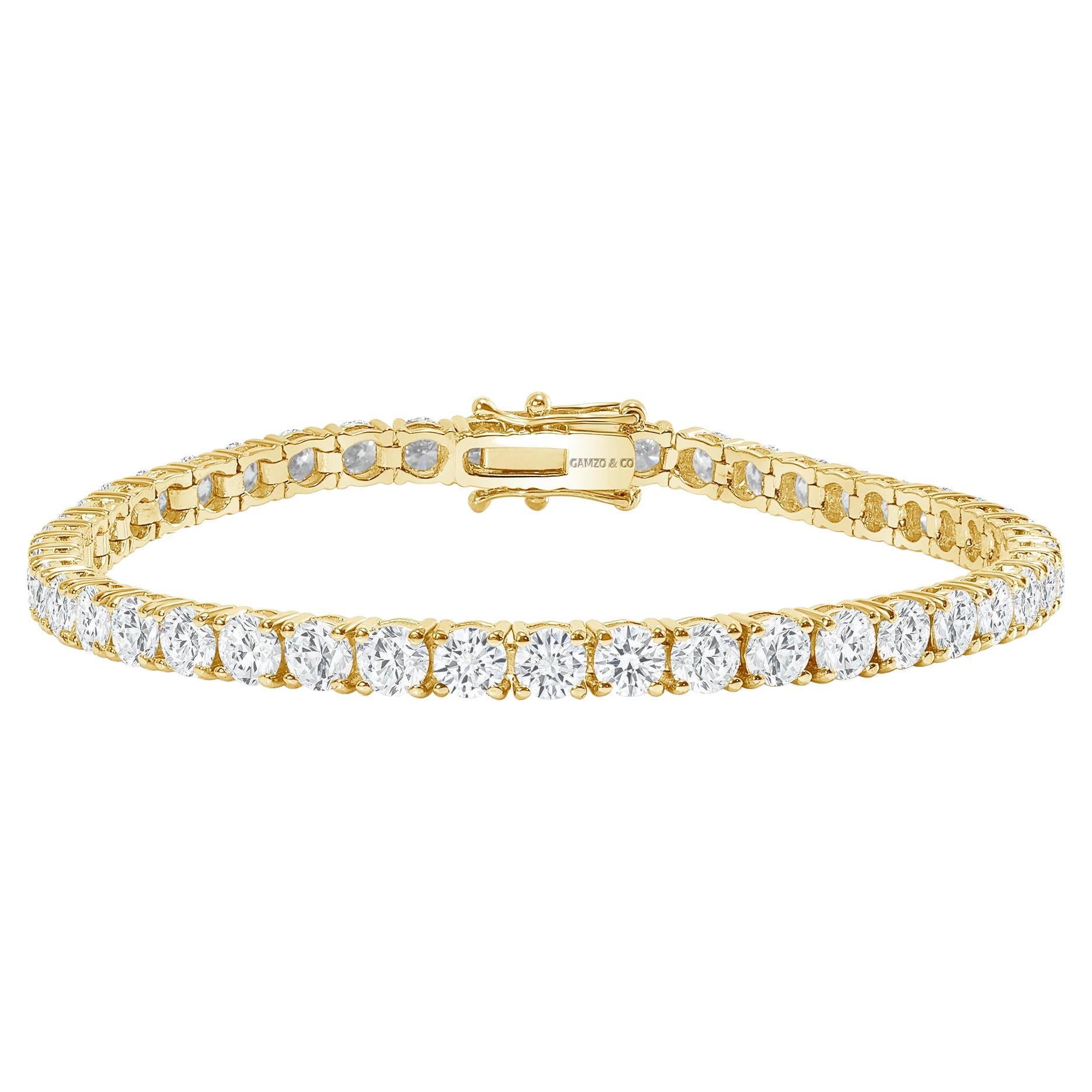 14K Yellow Gold 12 Carat Round Diamond Tennis Bracelet For Sale